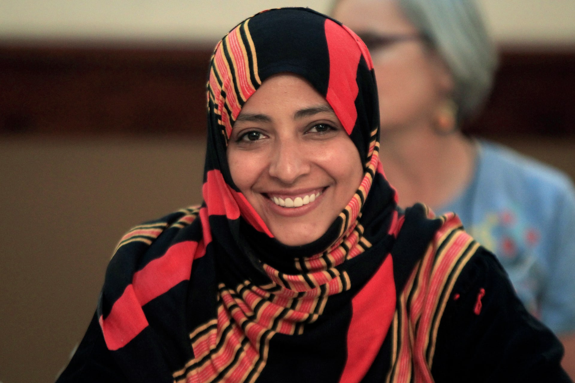 <p>Nobel Peace Prize winner Tawakkol Karman smiles during a news conference as part of the Nobel Women’s Initiative, in Honduras, October 24, 2017.</p>

