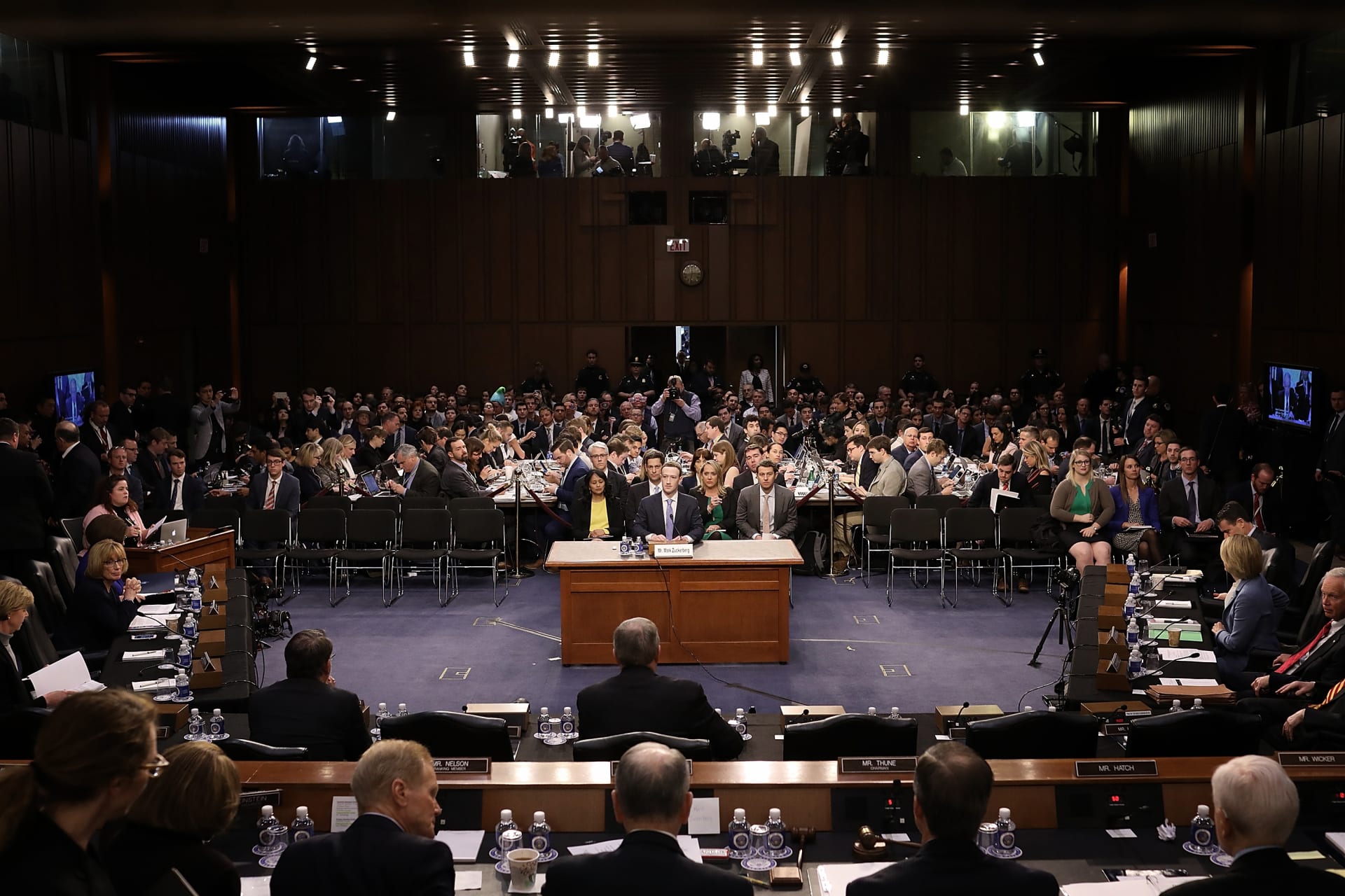 <p>Facebook CEO Mark Zuckerberg testifies before a Senate Judiciary and Commerce Committees joint hearing regarding the company’s use and protection of user data on Capitol Hill on April 10, 2018.</p>
