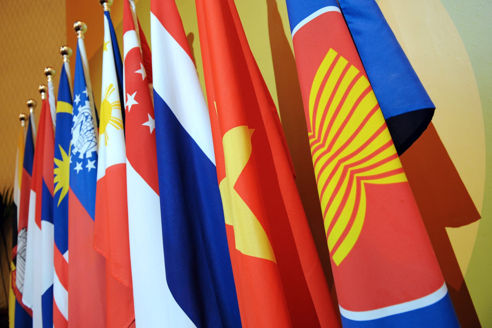 <p>The Association of Southeast Asian Nations flag leads the flags of the ten-member countries during the ASEAN Regional Forum meeting in 2008. </p>
