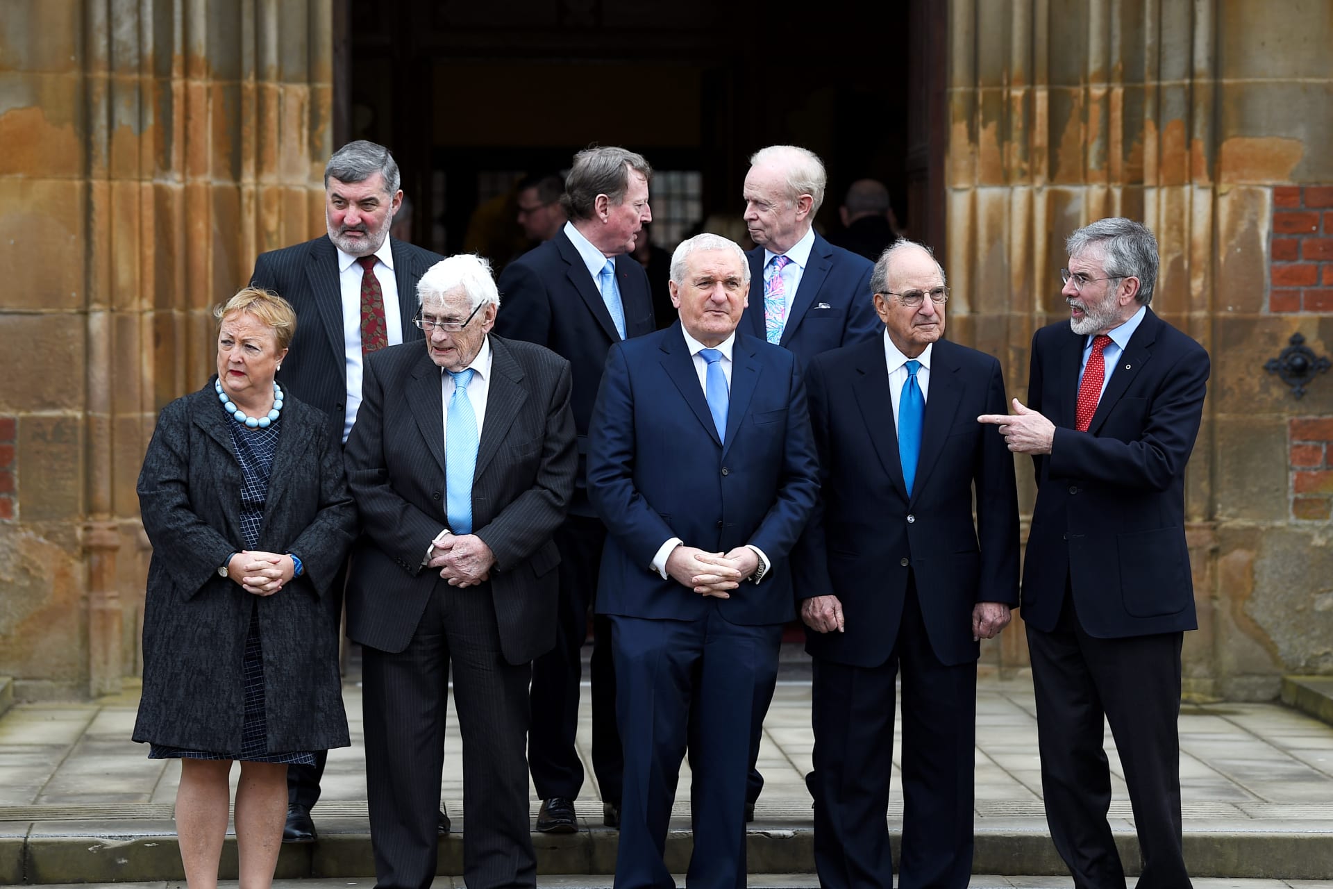 <p>Good Friday Agreement negotiators stand for a group photograph at an event to celebrate the 20th anniversary of the Peace Talks. Belfast, April 10, 2018. </p>
