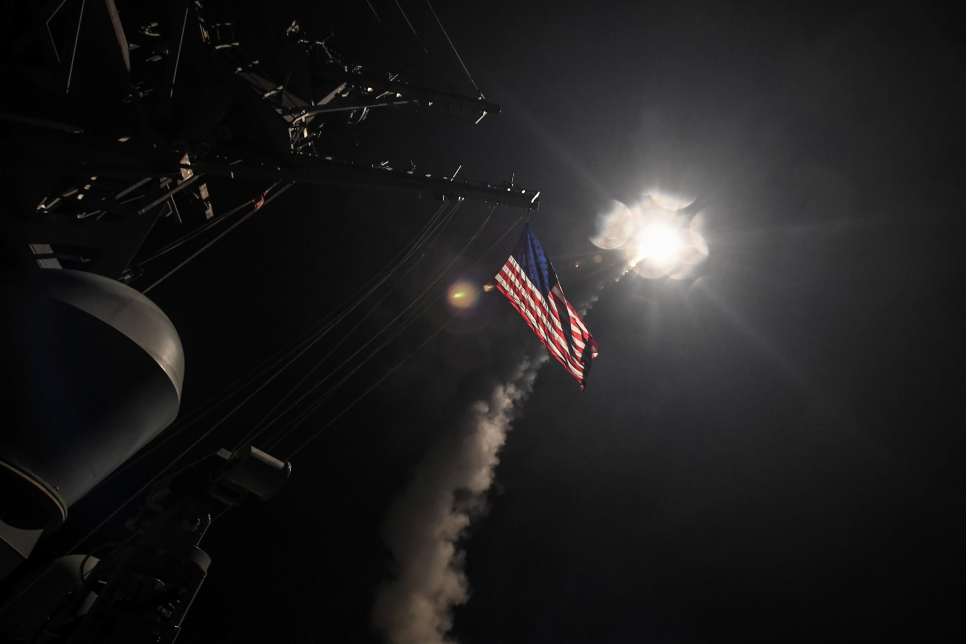 <p>U.S. Navy guided-missile destroyer USS Porter (DDG 78) conducts strike operations while in the Mediterranean Sea which U.S. Defense Department said was a part of cruise missile strike against Syria on April 7, 2017</p>
