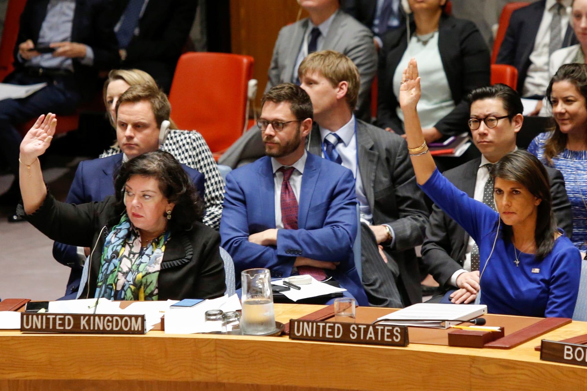 <p>U.S. Ambassador Nikki Haley and UK Ambassador Karen Pierce vote against a Russian resolution condemning “aggression” against Syria during an emergency UN Security Council meeting.</p>
