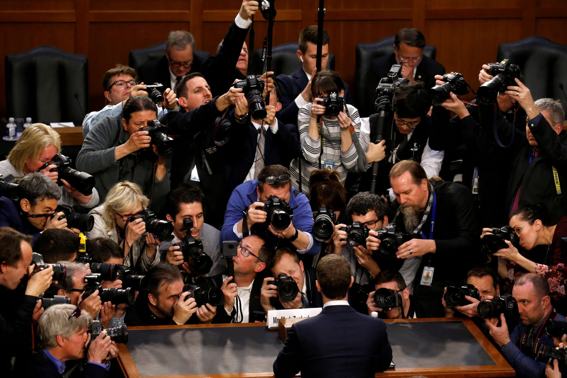 <p>Facebook CEO Mark Zuckerberg is surrounded by members of the media as he arrives to testify before a joint meeting of the Senate Judiciary and Commerce Committees</p>
