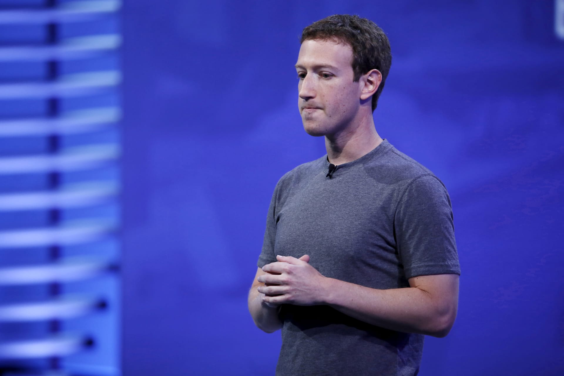 <p>Facebook CEO Mark Zuckerberg speaks on stage during the Facebook F8 conference in San Francisco on April 12, 2016.</p>
