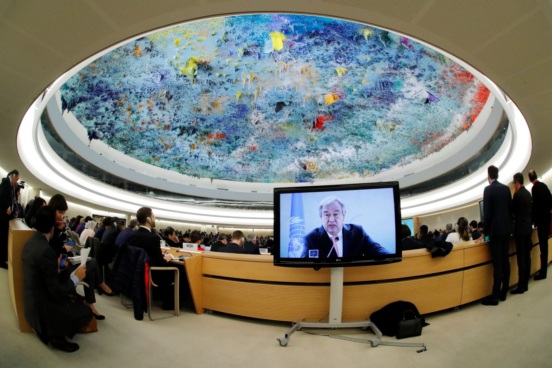 <p>U.N. Secretary-General Antonio Guterres addresses the Human Rights Council at the United Nations in Geneva in February 2018.</p>
