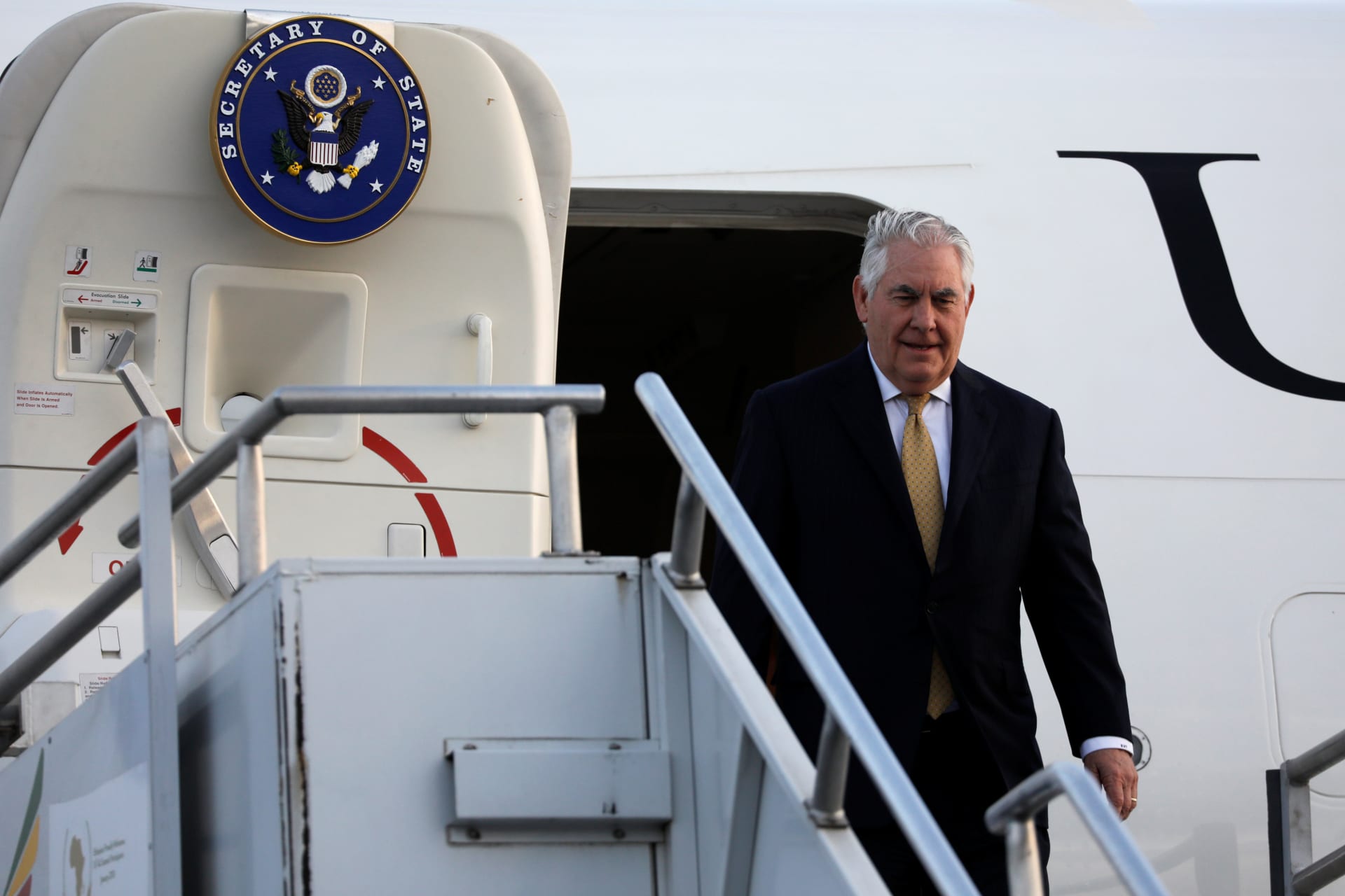 <p>U.S. Secretary of State Rex Tillerson arrives to begin a six-day trip in Africa, landing at Addis Ababa International Airport in Addis Ababa, Ethiopia March 7, 2018.</p>
