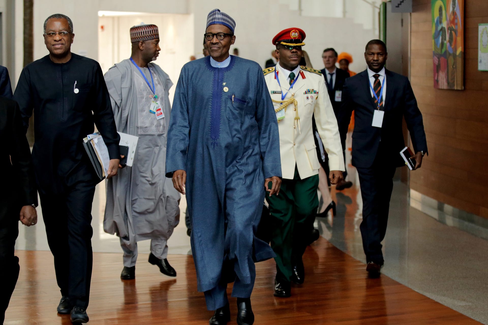 <p>Nigeria’s President Muhammadu Buhari arrives for the 30th Ordinary Session of the Assembly of the Heads of State and the Government of the African Union in Addis Ababa, Ethiopia January 28, 2018.</p>
