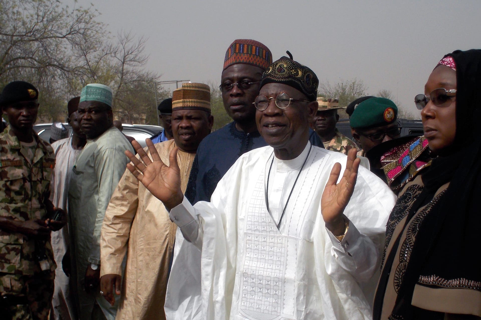 <p>Information Minister Lai Mohammed speaks during his visit to the school in Dapchi in the northeastern state of Yobe, where dozens of school girls went missing after an attack on the village by Boko Haram, Nigeria February 22, 2018.</p>
