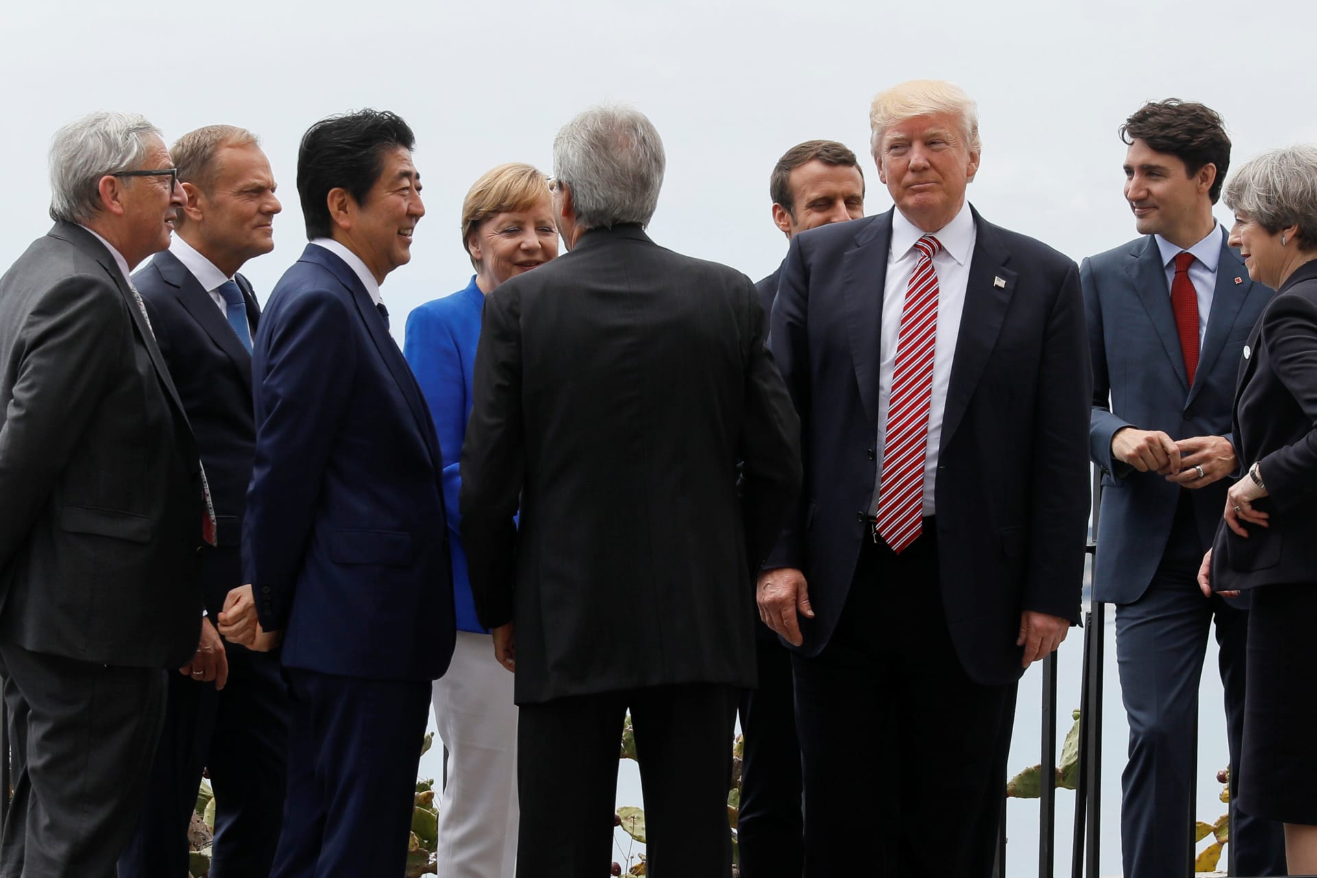 <p>U.S. President Donald J. Trump gathers with other Group of Seven (G7) leaders at the G7 summit in Taormina, Italy on May 26, 2017. </p>
