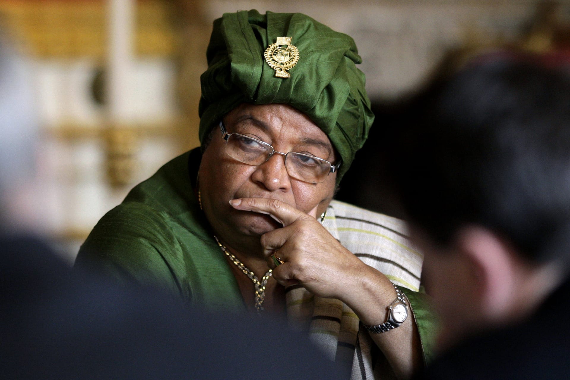 <p>Liberian President Ellen Johnson-Sirleaf at Lancaster House in London, March 16, 2009.</p>