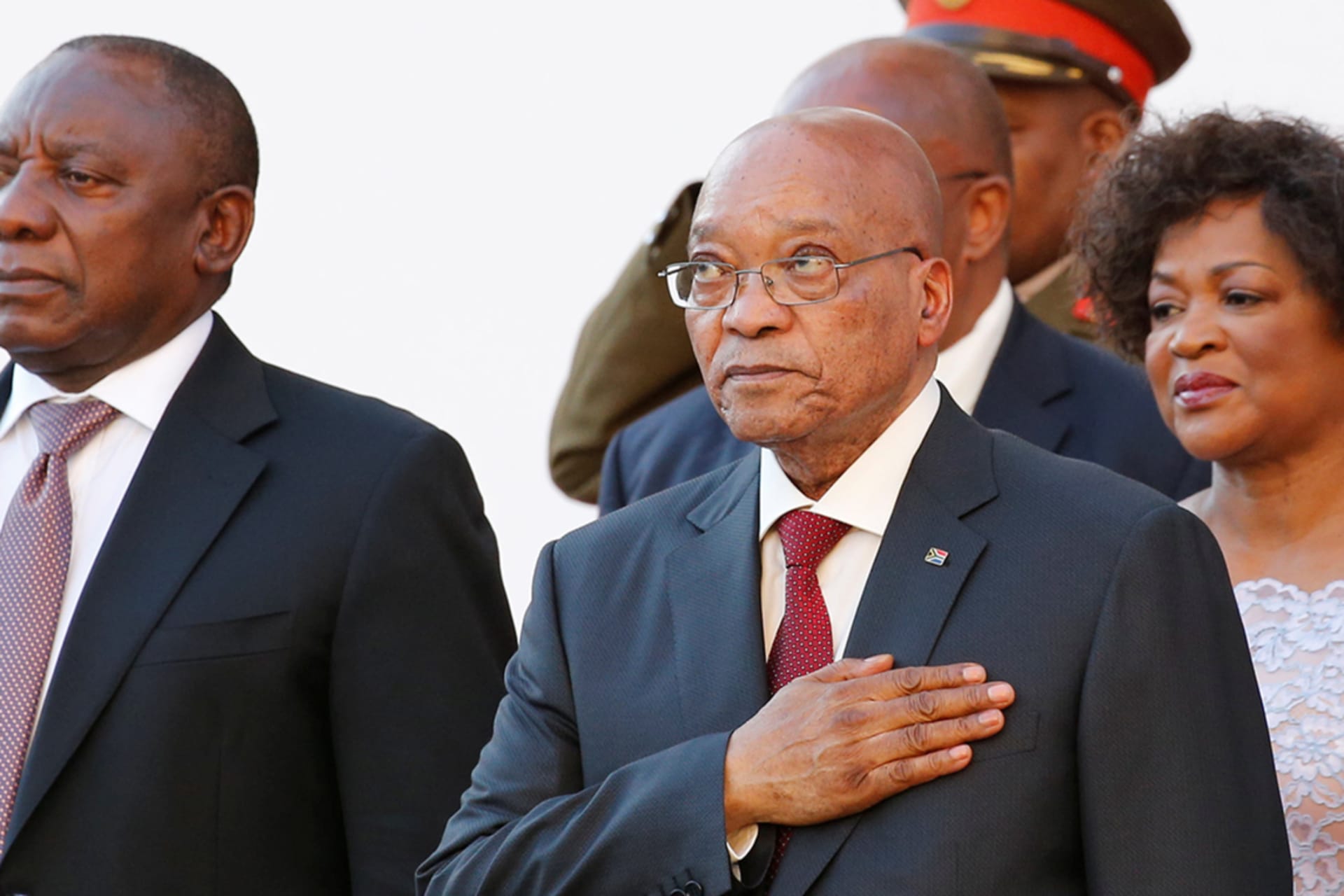 <p>South African Deputy President Cyril Ramaphosa (left) and President Jacob Zuma stand at the opening of Parliament in Cape Town.</p>

