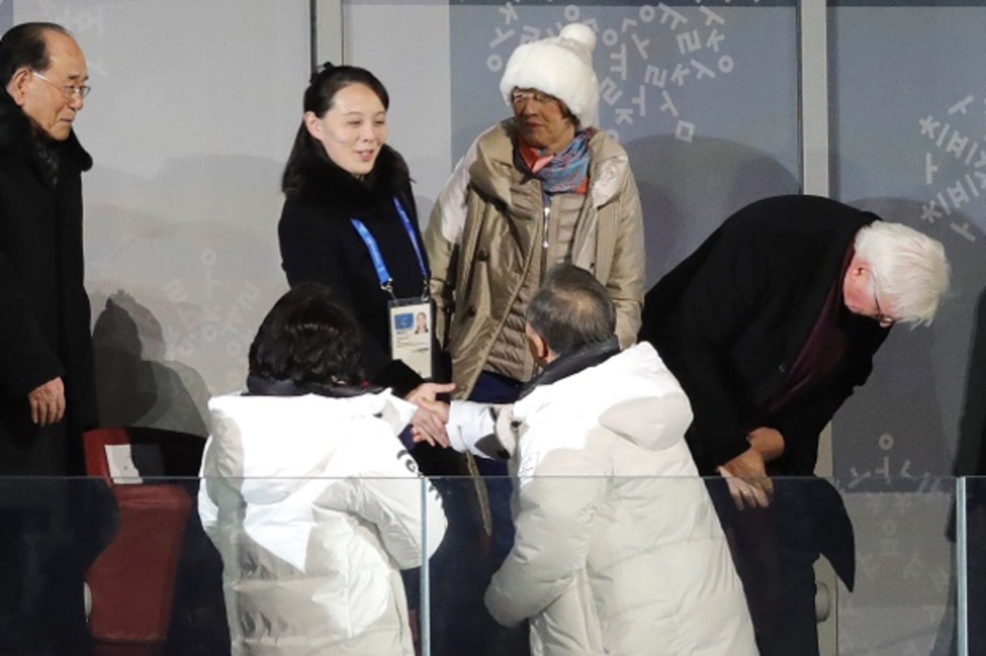 <p>President of South Korea Moon Jae-in, his wife Kim Jung-Sook, Kim Yo-Jong, the sister of North Koreas leader Kim Jong-un and German President Frank-Walter Steinmeier during the opening ceremony.</p>