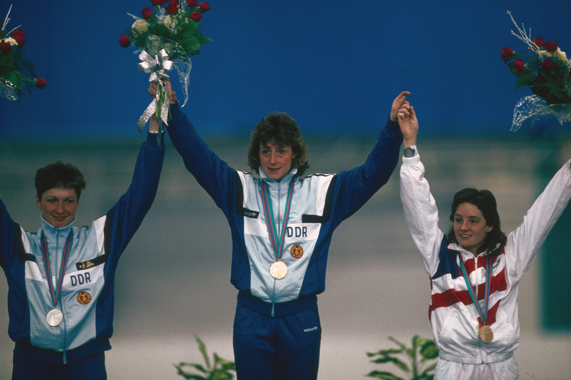 <p>East Germany was a perennial powerhouse at winter games, including the 1988 Calgary Games where it won gold and bronze in the women’s 1000 meters Speedskating event.</p>
