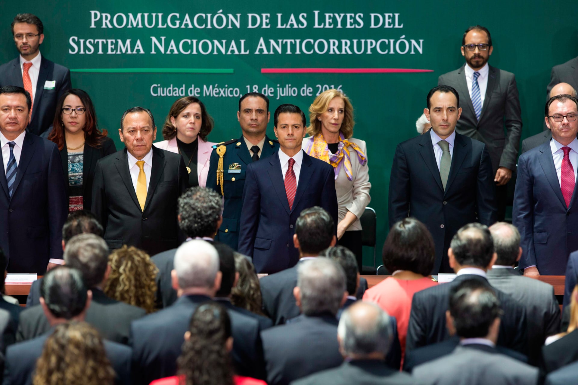 <p>Mexico’s President Enrique Pena Nieto stands during the promulgation of the anti-corruption laws at the National Palace in Mexico City, Mexico July 18, 2016.</p>
