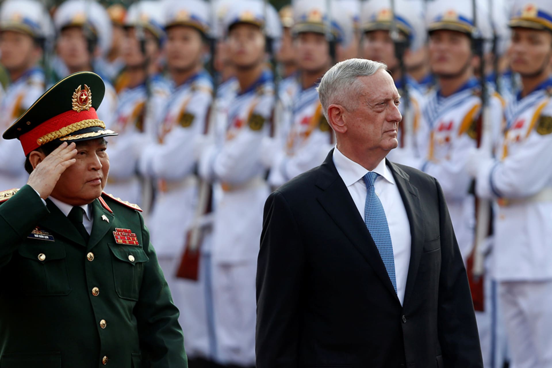 <p>U.S. Secretary of Defense Jim Mattis (R) and Vietnam’s Defence Minister Ngo Xuan Lich review the guard of honor during a welcoming ceremony in Hanoi, Vietnam on January 25, 2018.</p>
