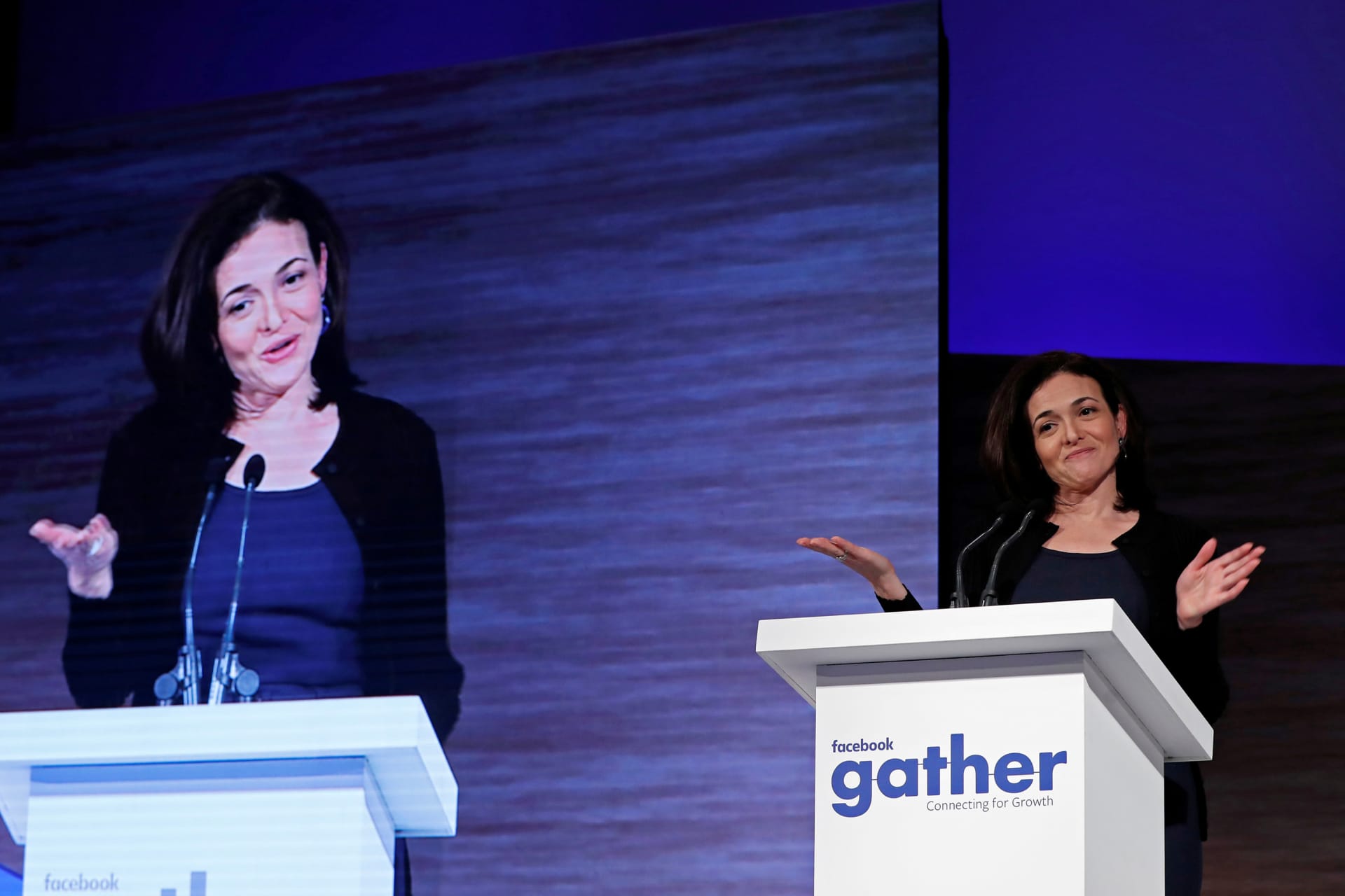 <p>Sheryl Sandberg, Facebook’s chief operating officer, addresses the Facebook Gather conference in Brussels on January 23, 2018. </p>
