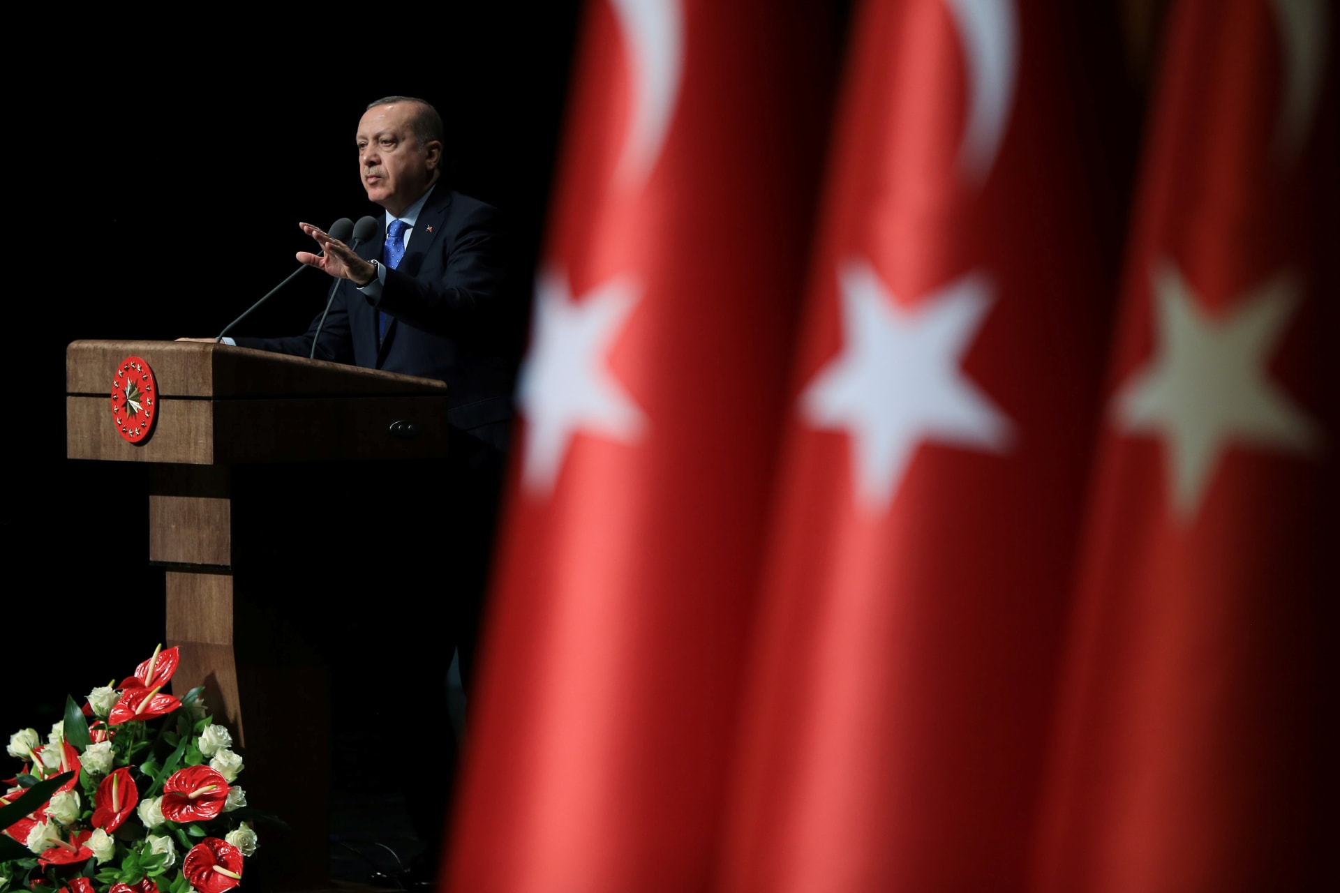 <p>Turkish President Tayyip Erdogan speaks during a ceremony in Ankara, Turkey</p>
