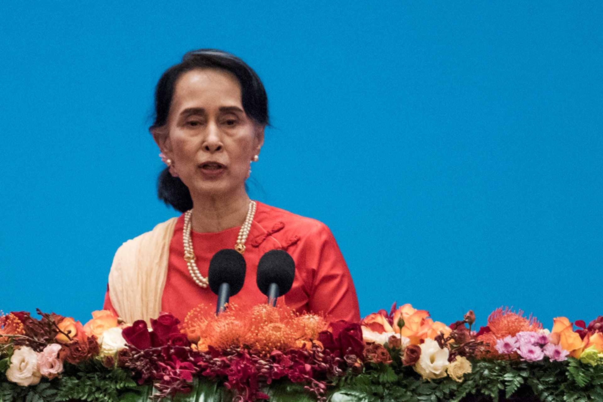 <p>Myanmar’s State Counsellor Aung San Suu Kyi gives a speech at the Great Hall of the People in Beijing, China on December 1, 2017.</p>
