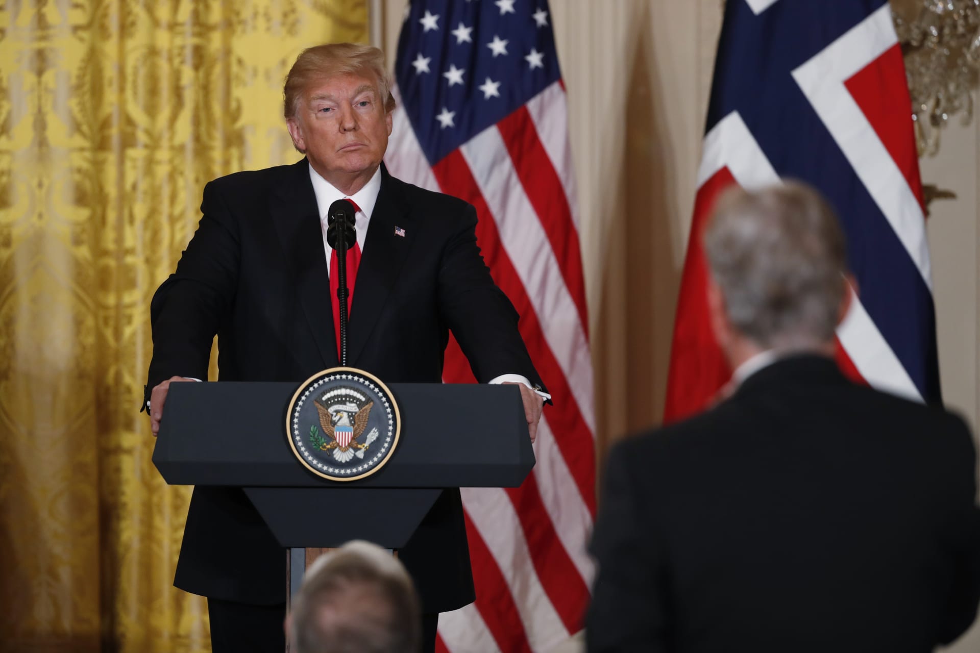 <p>U.S. President Donald Trump listens to a question during a joint news conference with Norwegian Prime Minister Erna Solberg in the East Room of the White House in Washington, U.S., January 10, 2018. </p>
