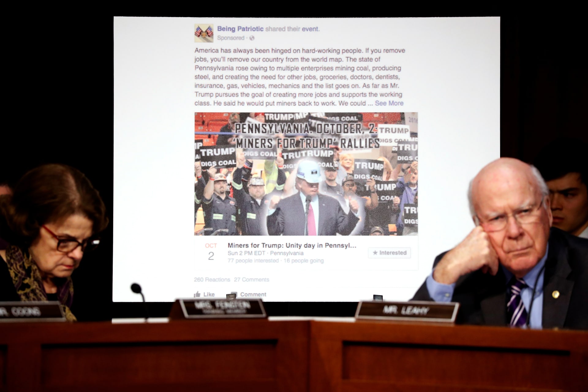 <p>U.S. Senator Dianne Feinstein (D-CA) (L) and Senator Pat Leahy (D-VT) show a fake social media post for a non-existent “Miners for Trump” rally as representatives of Twitter, Facebook and Google </p>
