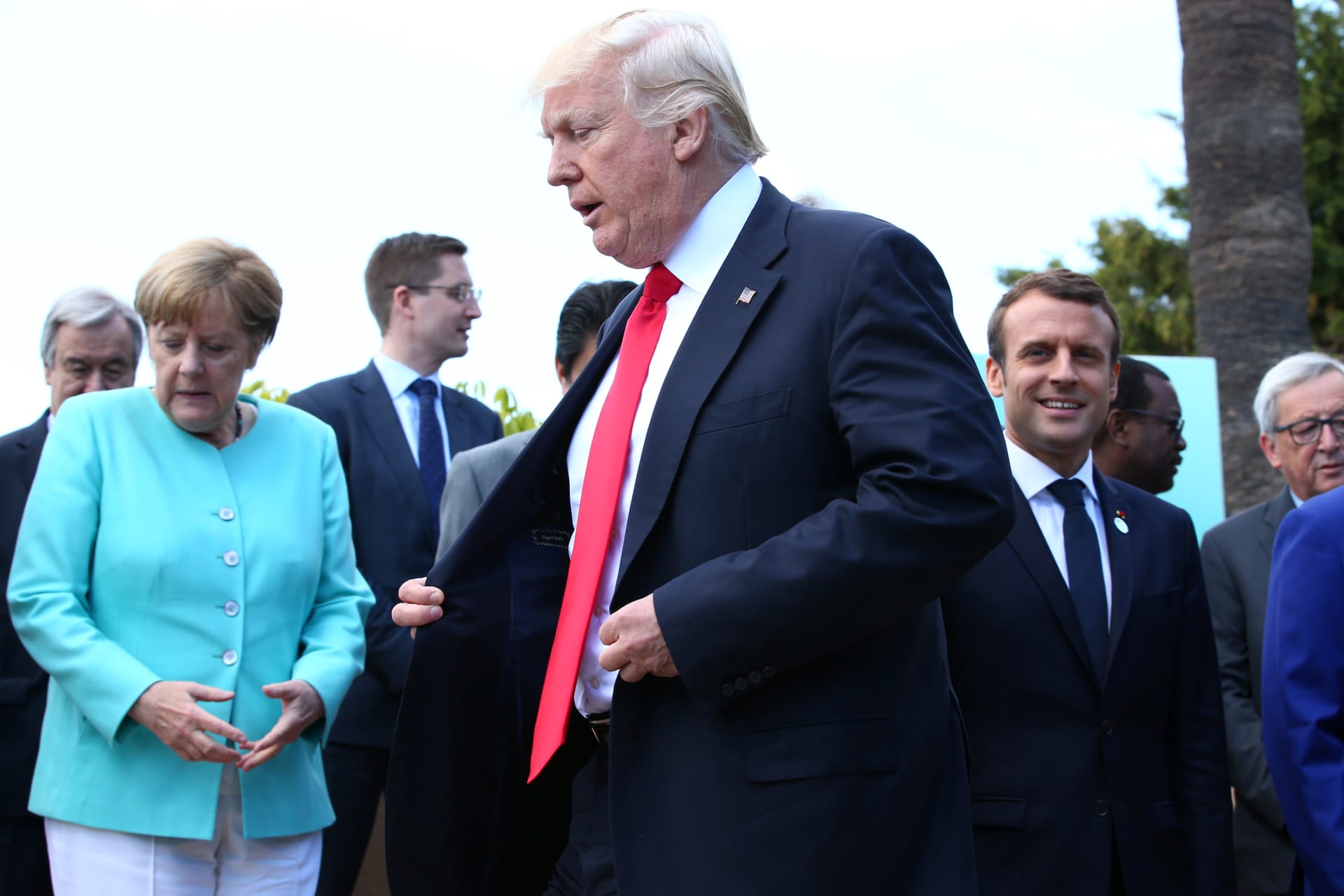 <p>Angela Merkel, Donald J. Trump, and Emmanuel Macron during a family photo at the G7 Summit in Sicily, Italy on May 27, 2017. </p>
