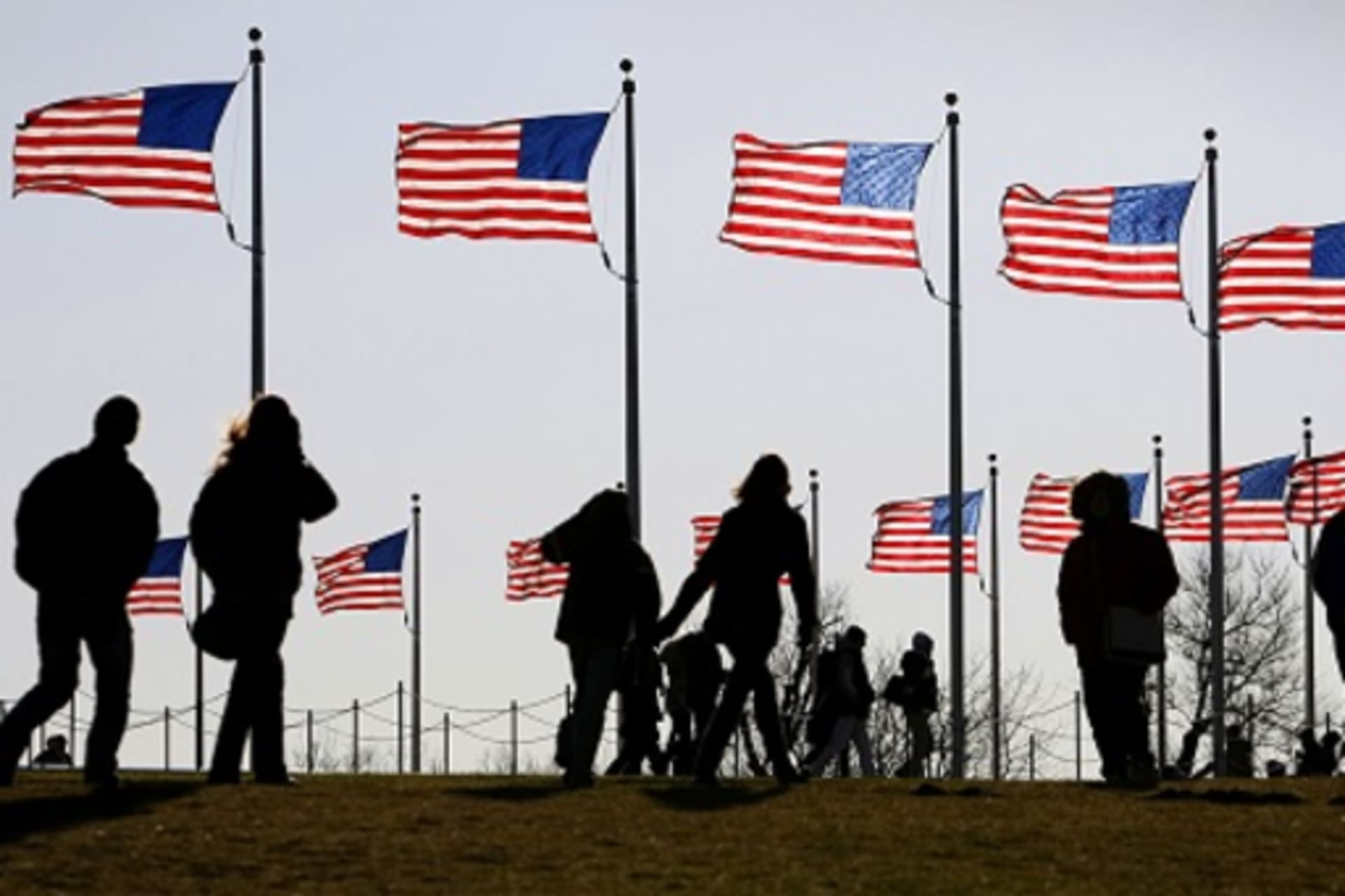 <p>American flags flying at the Washington Monument in Washington, DC. </p>
