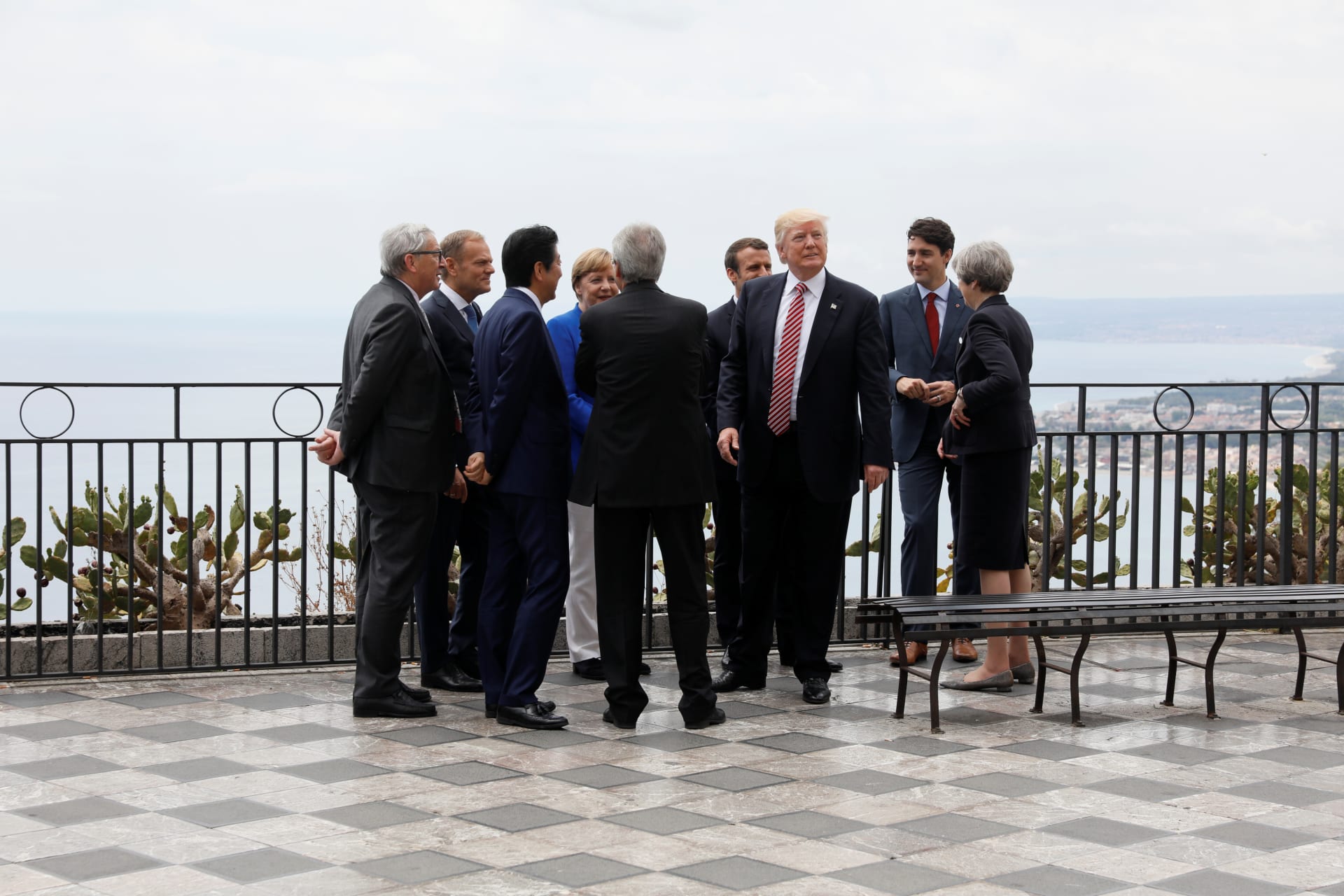 <p>President Trump gathers with leaders of the Group of Seven in Taormina, Italy on May 26, 2017.</p>
