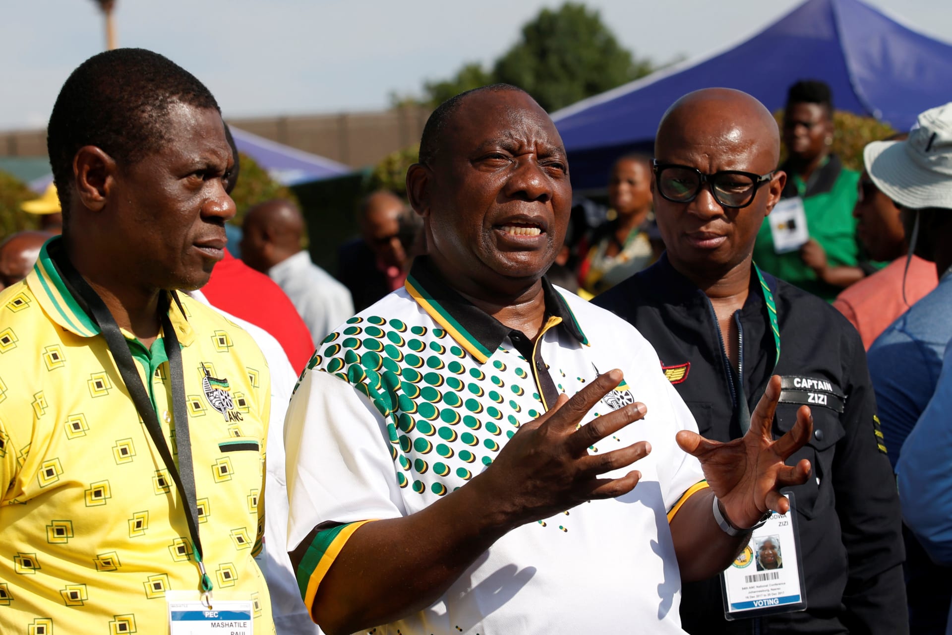 <p>ANC President Cyril Ramaphosa with the new ANC Treasurer General Paul Mashatile (L) at the Nasrec Expo Centre, where the 54th National Conference of the ruling party is taking place in Johannesburg, South Africa December 19, 2017.</p>

