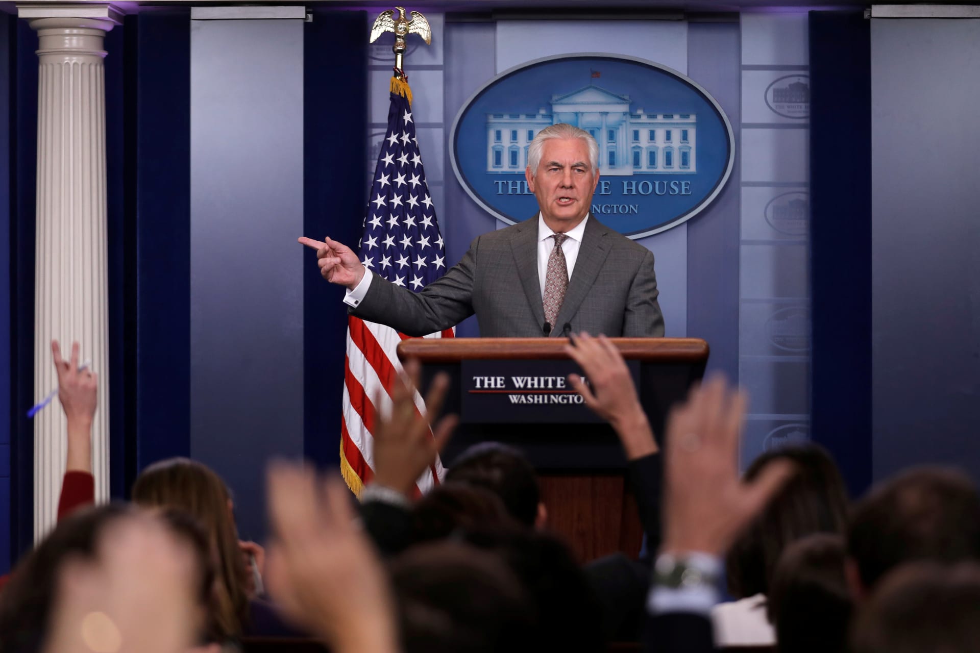 <p>U.S. Secretary of State Rex Tillerson answers questions during the daily briefing at the White House on November 20, 2017. </p>
