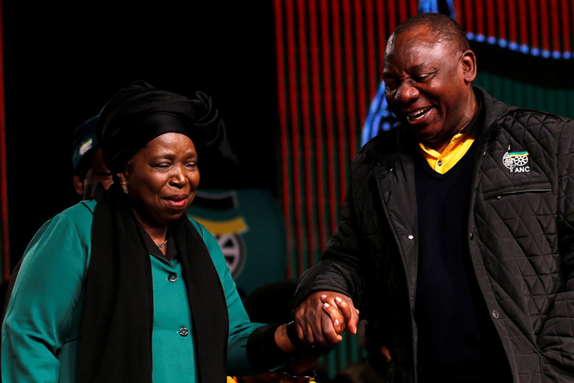 <p>Former African Union chairperson Nkosazana Dlamini-Zuma chats with South Africa’s deputy president Cyril Ramaphosa ahead of the African National Congress 5th National Policy Conference at the Nasrec Expo Centre in Soweto, South Africa, June 30, 2017.</p>
