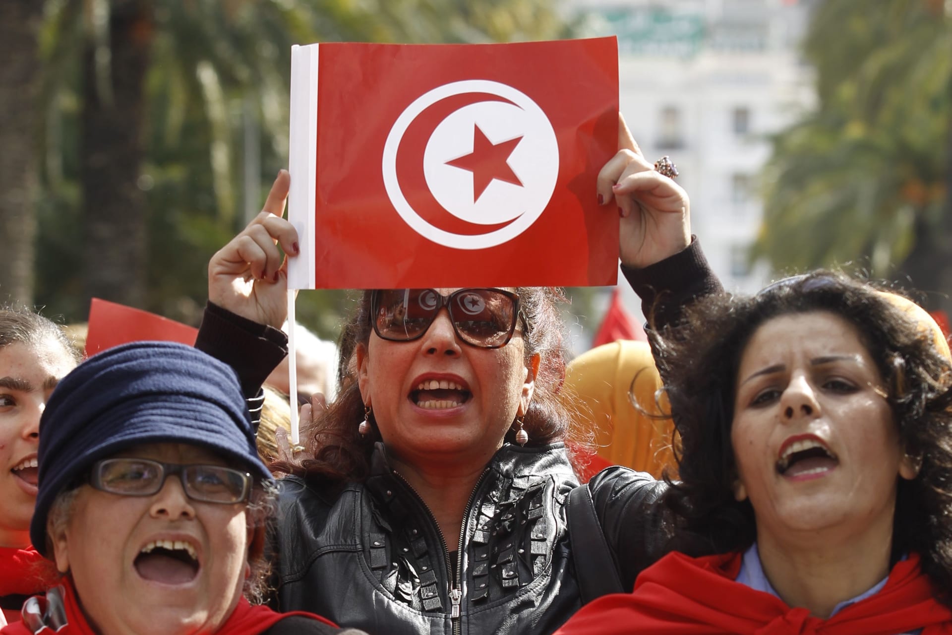 <p>A Tunisian woman holds up a Tunisian flag during a march to celebrate International Women’s Day in Tunis March 8, 2014. </p>
