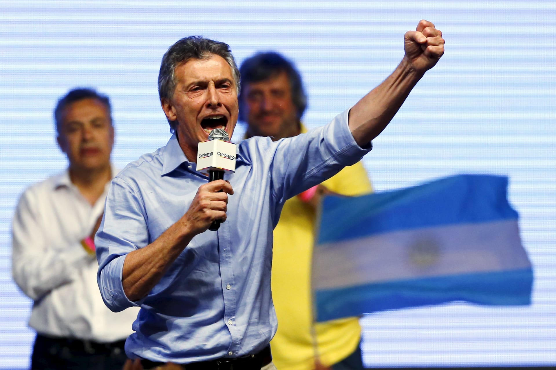 <p>Mauricio Macri, presidential candidate of the Cambiemos (Let’s Change) coalition, gestures to his supporters after the presidential election in Buenos Aires, Argentina, November 22, 2015. </p>
