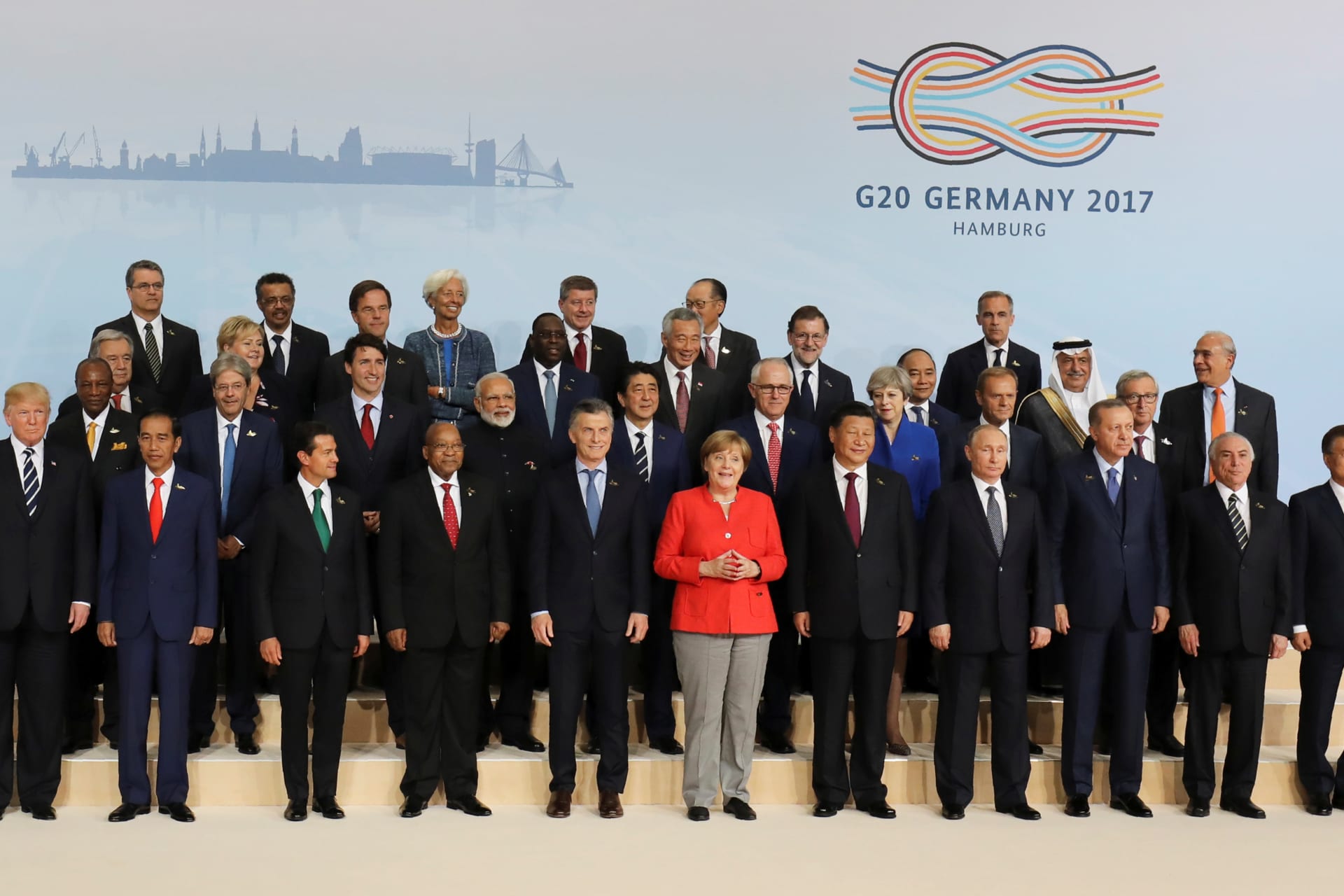 <p>Leaders of the G20, EU, UN, and IMF at the G20 leaders summit in Hamburg, Germany July 7, 2017.</p>
