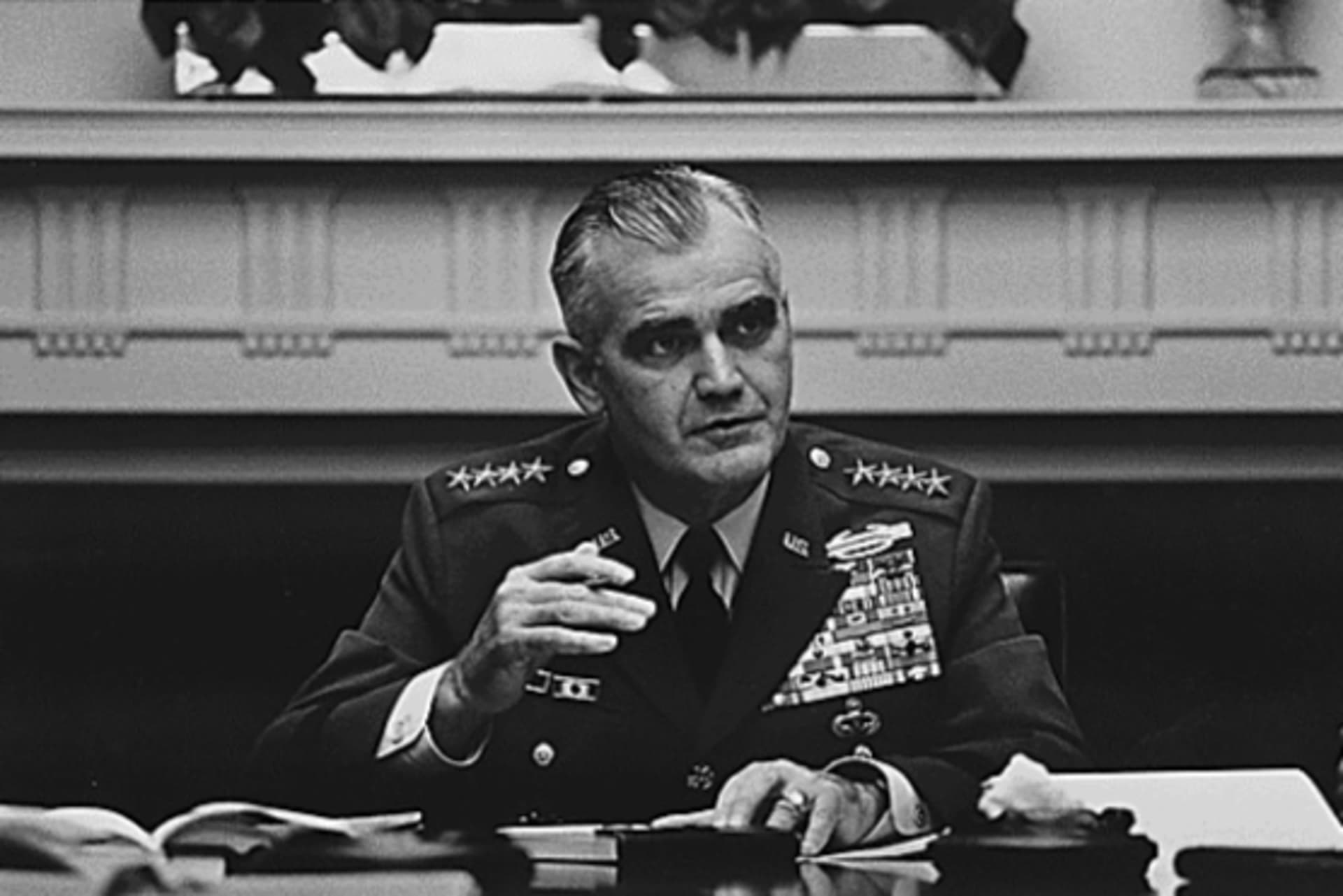 <p>General William Westmoreland speaks at the White House, October 1968. </p>
