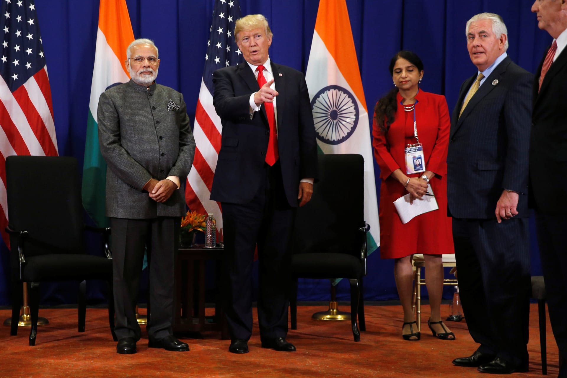 <p>U.S. President Donald J. Trump gestures as he holds a bilateral meeting with India’s Prime Minister Narendra Modi alongside the ASEAN Regional Forum in Manila, Philippines, November 13, 2017.</p>
