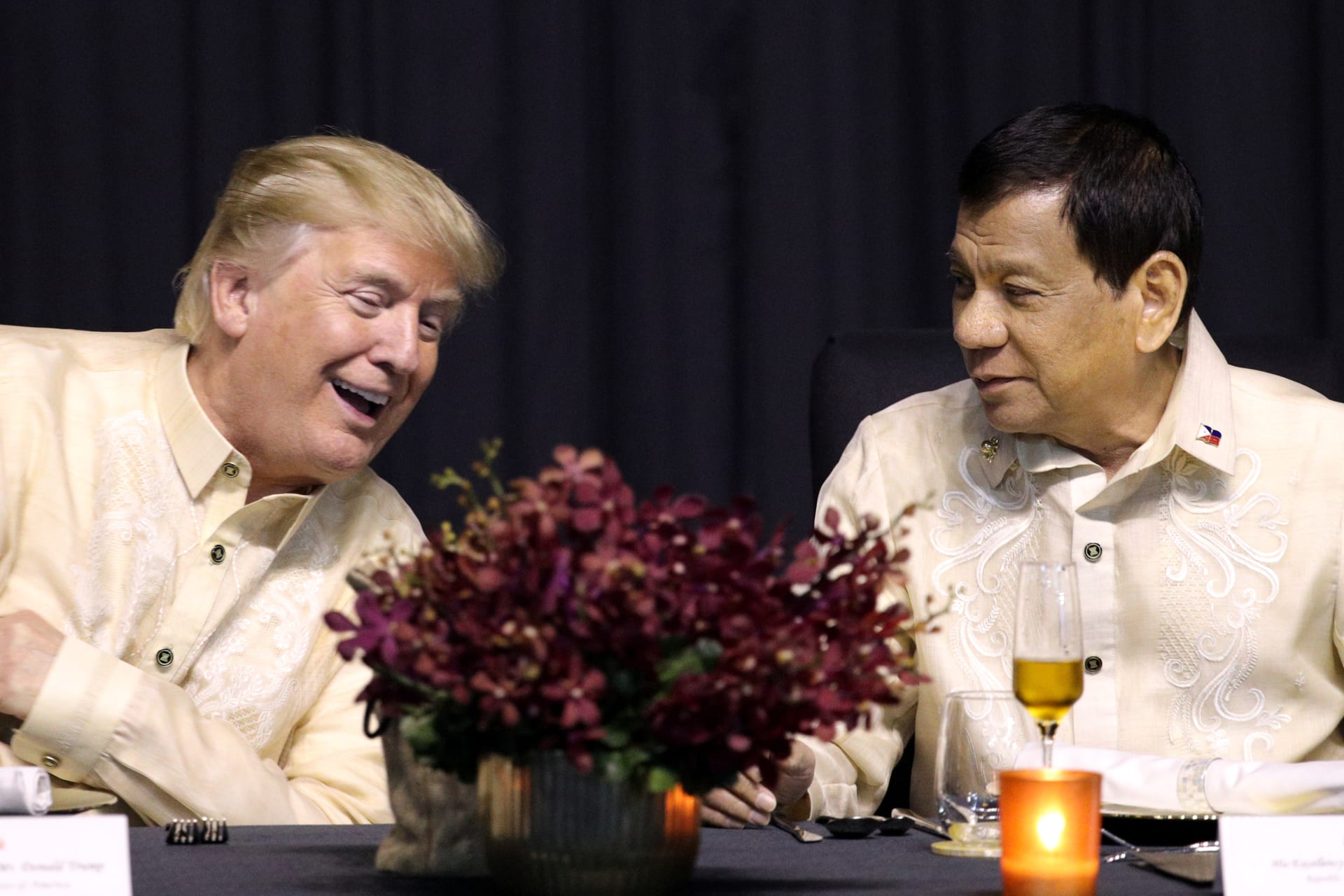 <p>U.S. President Donald J. Trump speaks with Philippines President Rodrigo Duterte during the gala dinner marking ASEAN’s 50th anniversary in Manila, Philippines, on November 12, 2017. </p>
