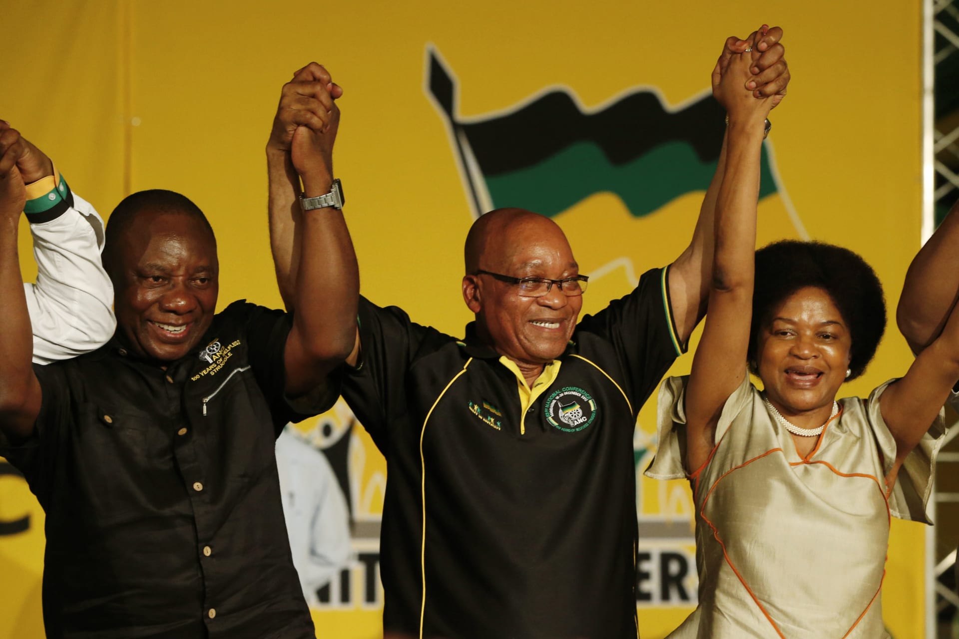 <p>President Jacob Zuma (2nd R) after his reelection as party leader with party deputy leader Cyril Ramaphosa (2nd L) at the 2012 ANC National Conference. The two would go on to become president and vice-president in 2014, South Africa, December 18, 2012.</p>
