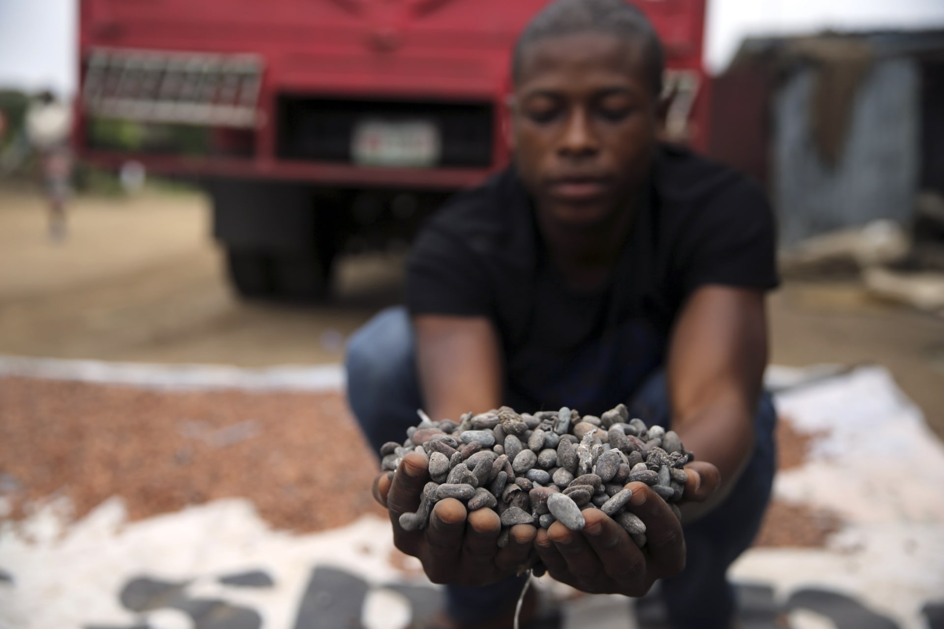 <p>A farmer with cocoa beans in Iragbiji village, southwest Nigeria, August 25, 2014. Cocoa is abundant in the southwest and has enormous potential to drive the region’s economy.</p>
