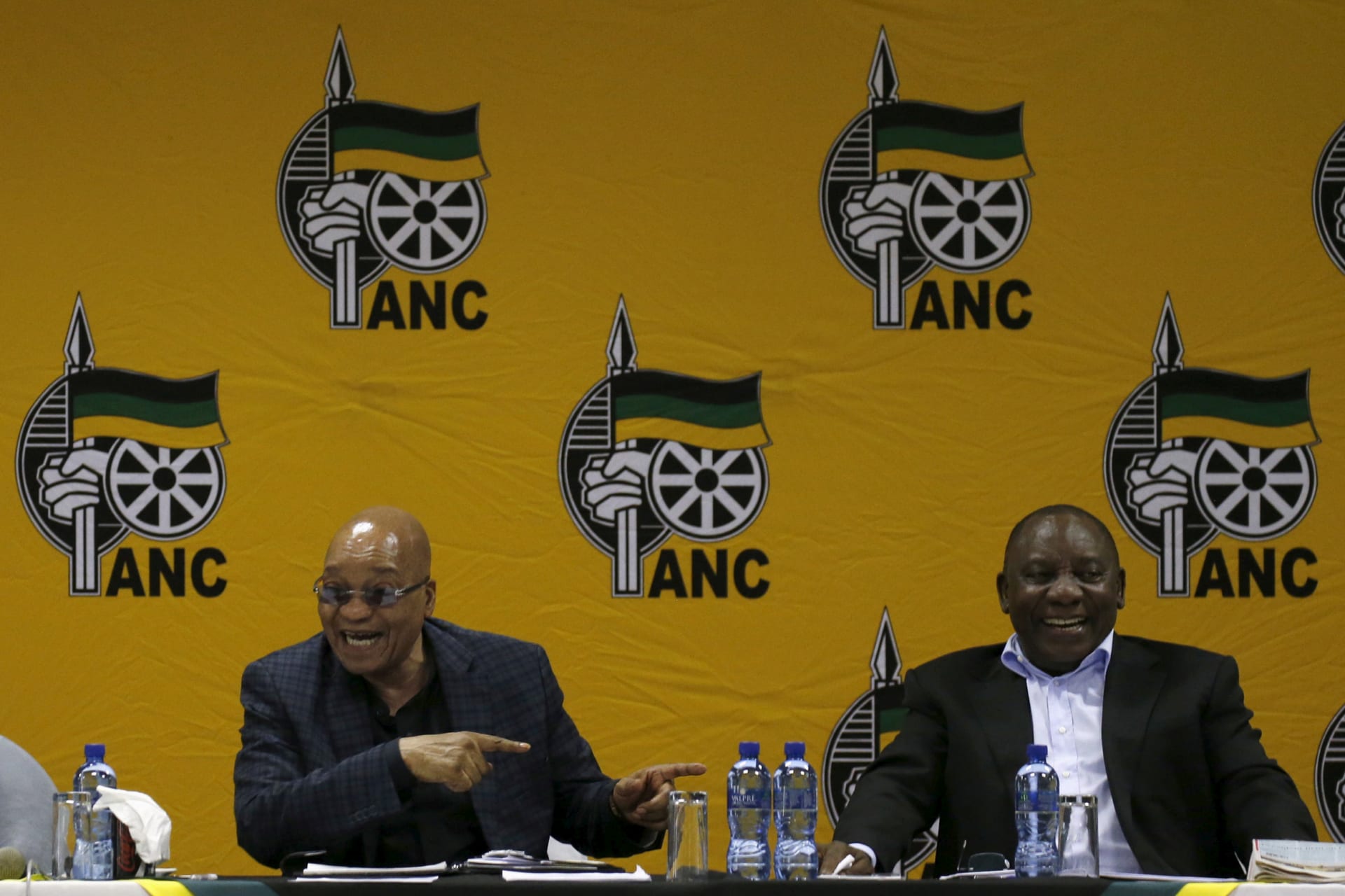 <p>South African president and leader of the ANC Jacob Zuma (L) and Deputy President Cyril Ramaphosa in South Africa March 18, 2016. Ramaphosa, along with Dlamini-Zuma, are the two front-runners to replace Zuma as party leader.</p>
