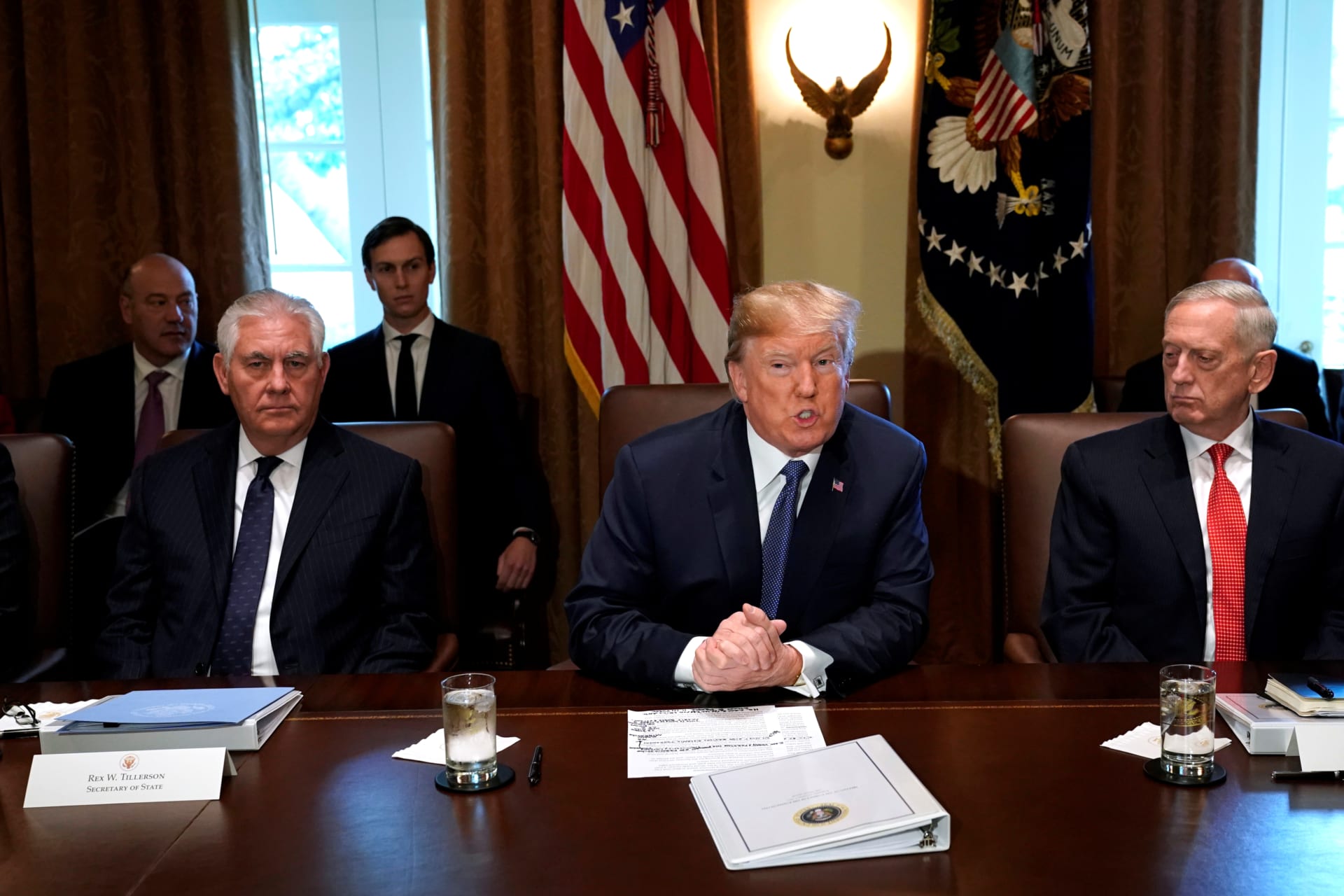 <p>U.S. President Donald Trump with Secretary of State Rex Tillerson (L) and Secretary of Defense James Mattis (R), at the White House in Washington, U.S., November 1, 2017.</p>
