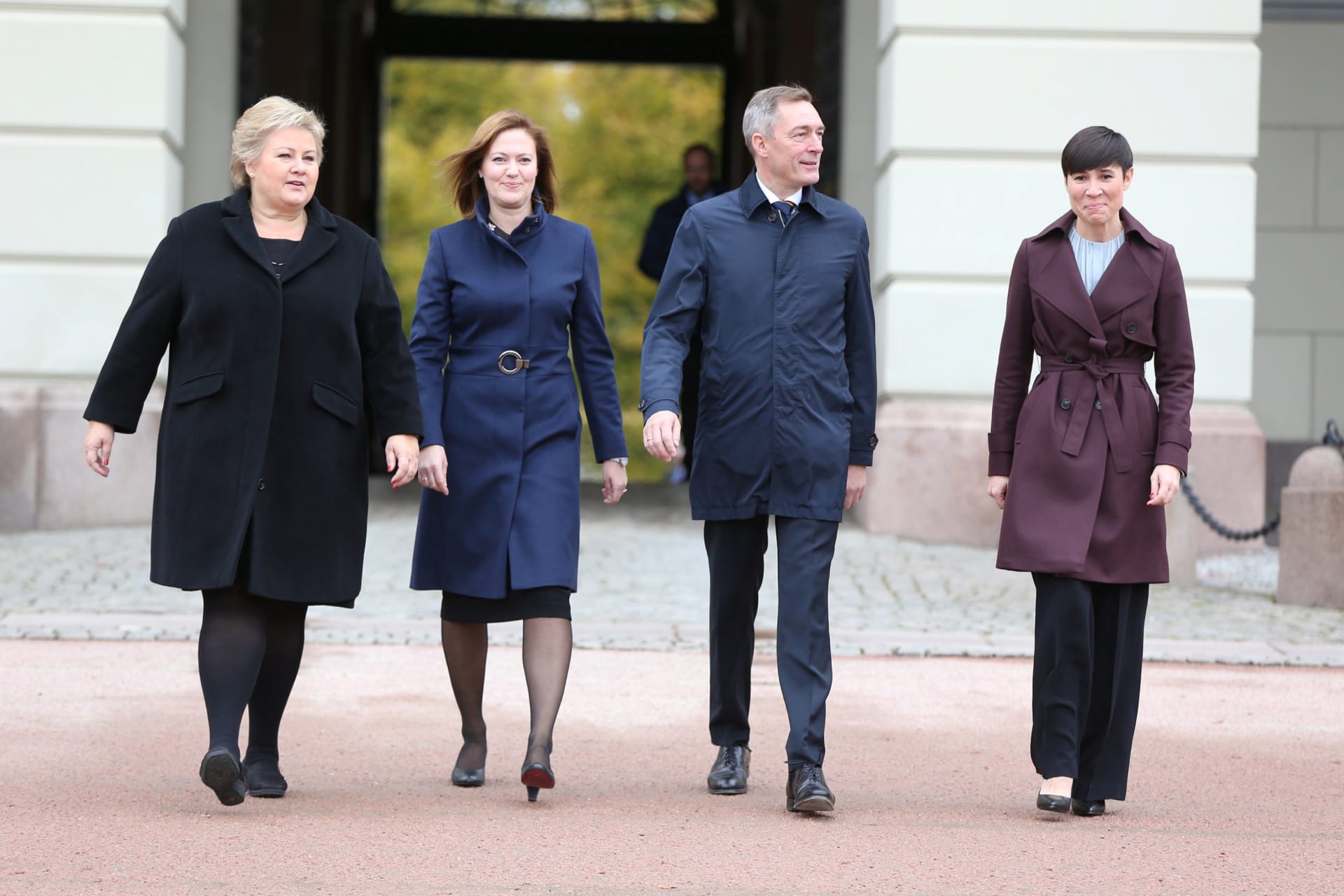 <p>Norwegian Prime Minister Erna Solberg (left) flanked by her new minister of EEA and EU Affairs, Marit Berger Roesland, Minister of Defence Frank Bakke-Jensen, Minister of Foreign Affairs Ine Eriksen Soereide walk in Oslo, Norway, October 20, 2017</p>
