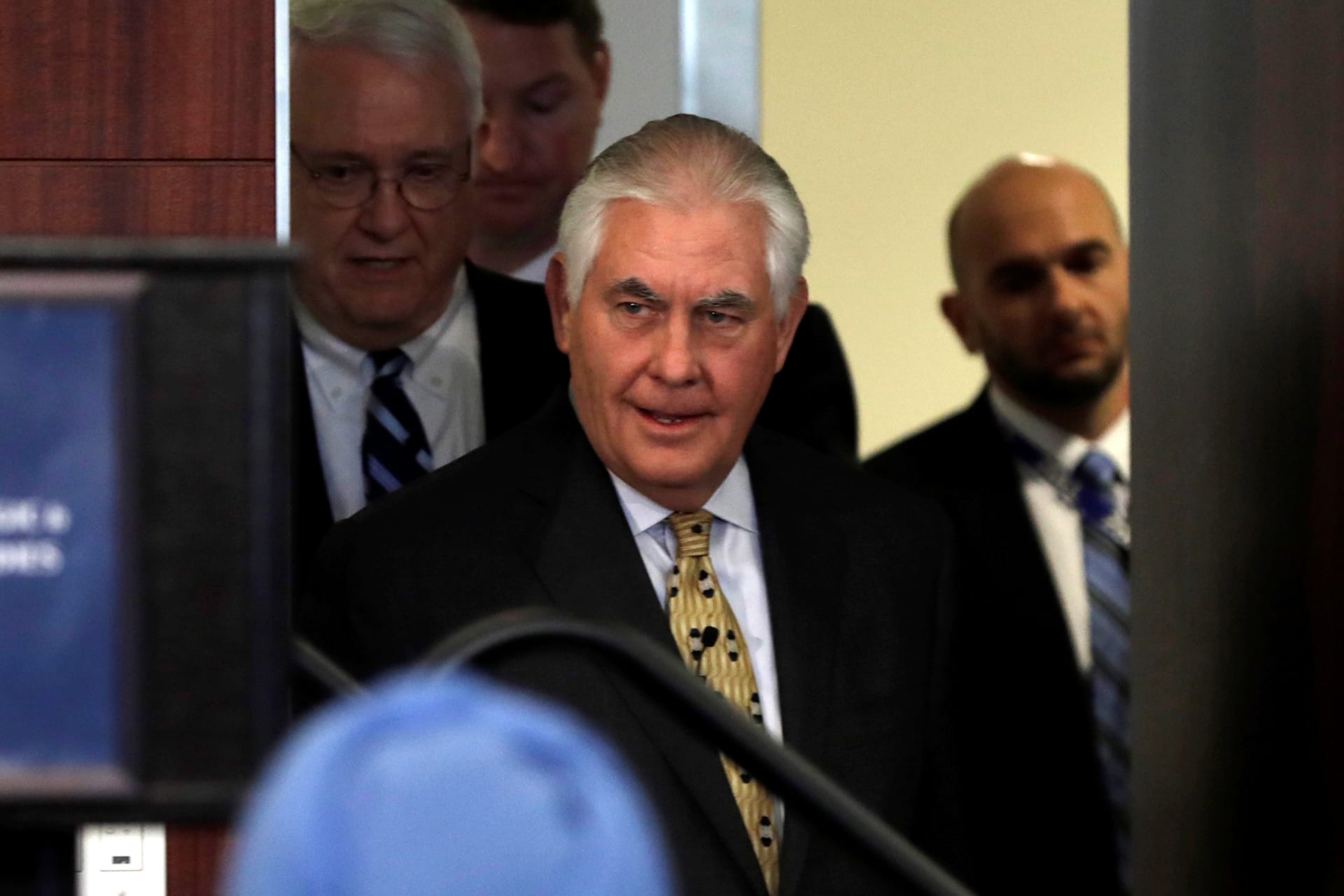 <p>U.S. Secretary of State Rex Tillerson arrives to deliver remarks on the U.S. relationship with India in Washington, DC, October 18, 2017.</p>