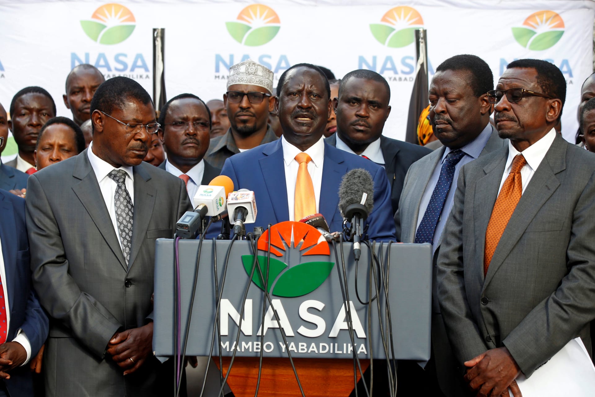 <p>Raila Odinga (C), Kenyan opposition leader and presidential candidate of NASA, at a news conference where he announced that he would not stand in a court-ordered re-run of August’s presidential election in Nairobi, Kenya October 10, 2017.</p>