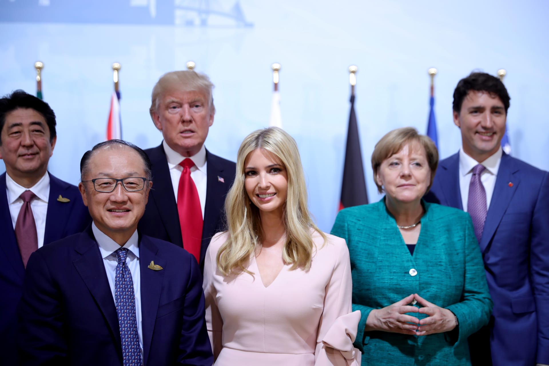 <p>Japan’s Prime Minister Shinzo Abe, World Bank President Jim Yong Kim, U.S. President Donald J. Trump, Ivanka Trump, German Chancellor Angela Merkel, and Canada’s Prime Minister Justin Trudeau during the G20 summit in Hamburg, Germany on July 8, 2017.</p>
