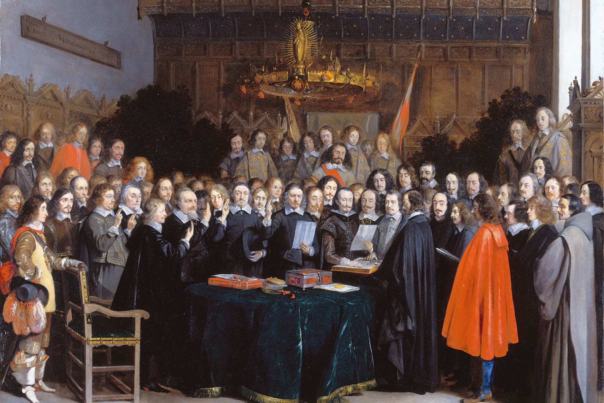 <p>Gerard ter Borch’s depiction of the ratification of the treaty of Münster on 15 May 1648 that formed a part of the Westphalian peace following the Thirty Years War. </p>
