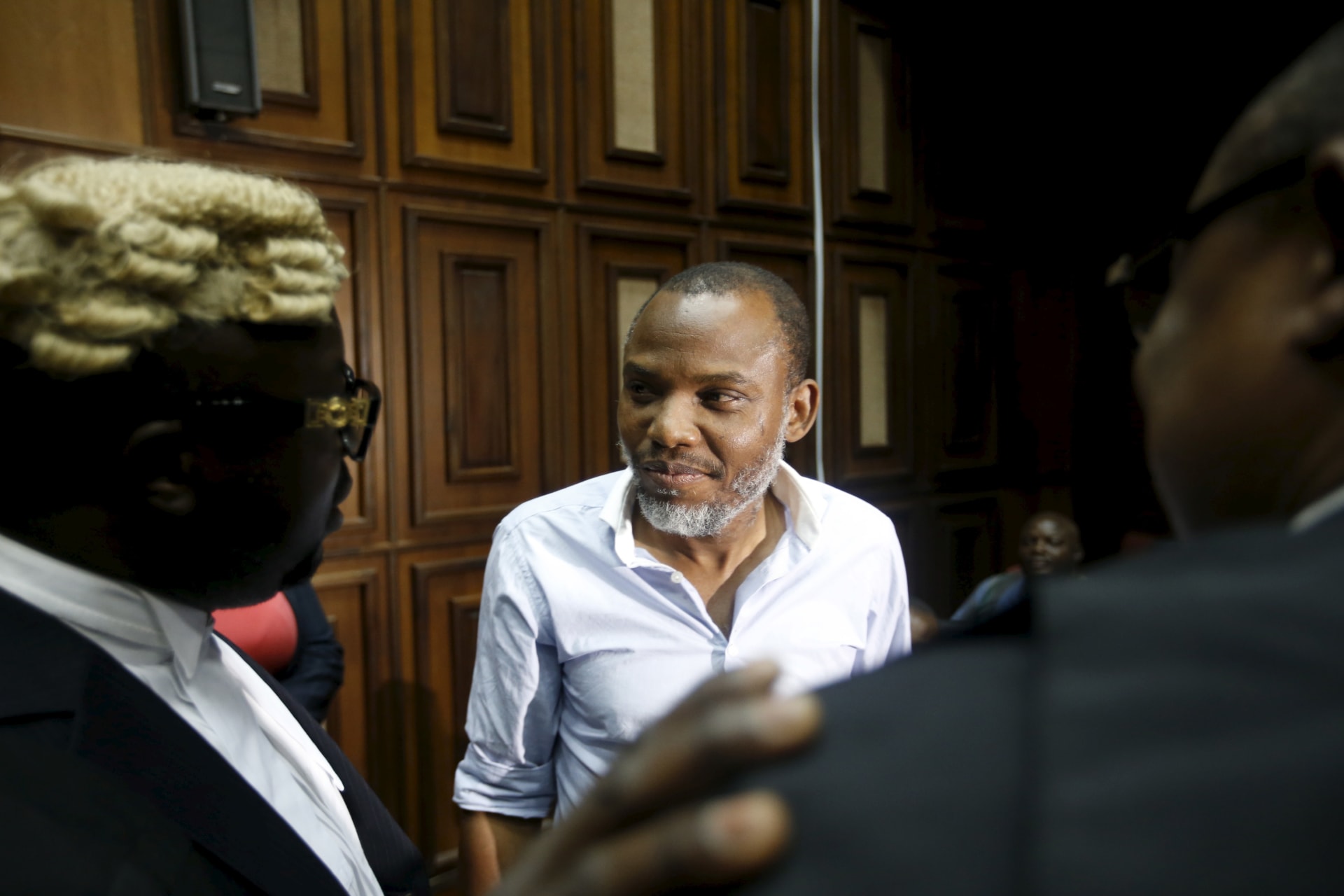 <p>Indigenous People of Biafra (IPOB) leader Nnamdi Kanu is seen at the Federal high court Abuja, Nigeria January 20, 2016. He was released on bail over a year after this picture was taken due to health concerns.</p>