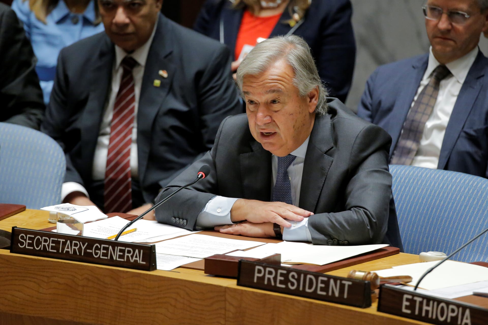 <p>UN Secretary-General Antonio Guterres speaks during a meeting of the Security Council to discuss peacekeeping operations at UN headquarters in New York on September 20, 2017. </p>
