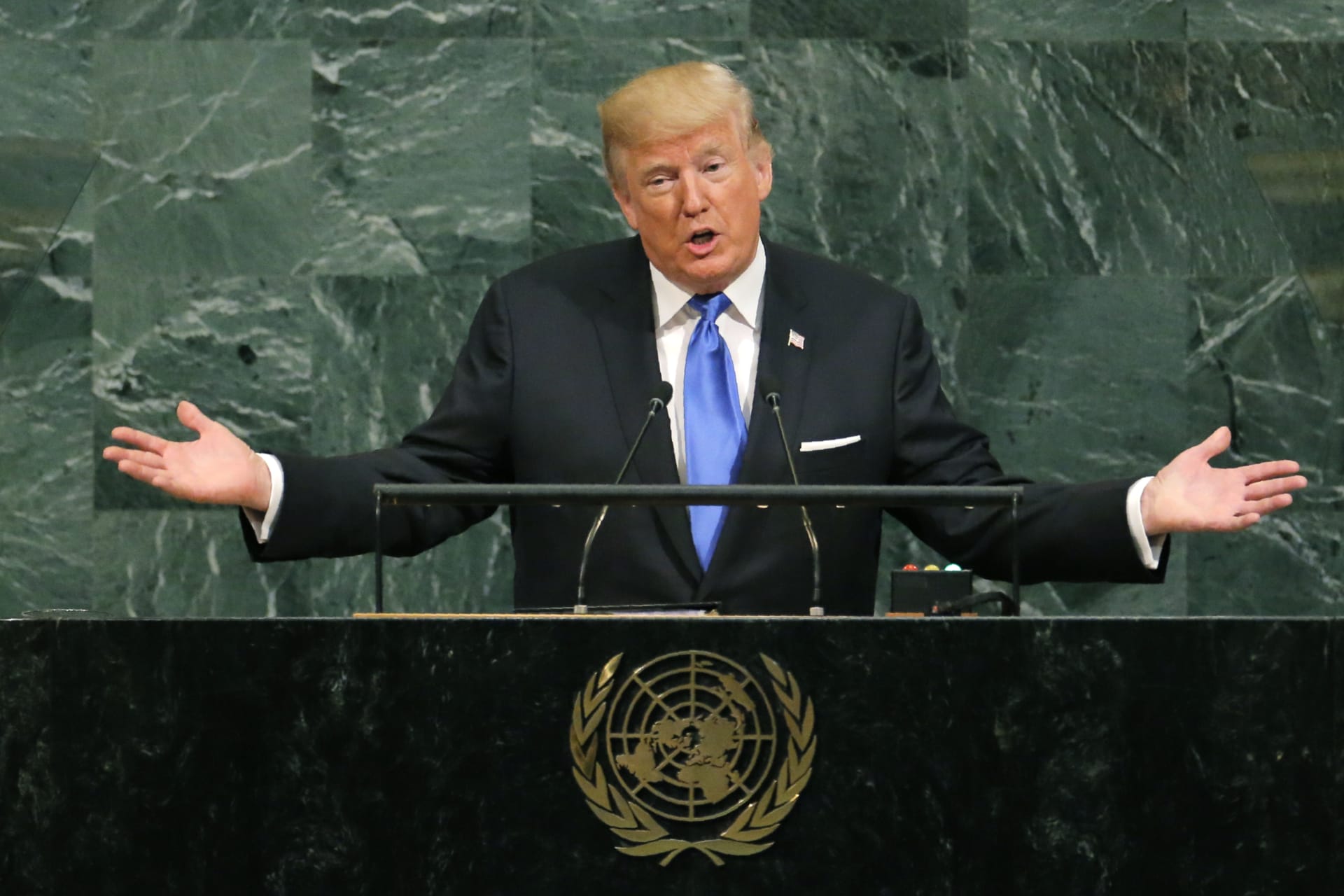 <p>U.S. President Donald Trump addresses the 72nd United Nations General Assembly at UN headquarters in New York on September 19, 2017.</p>
