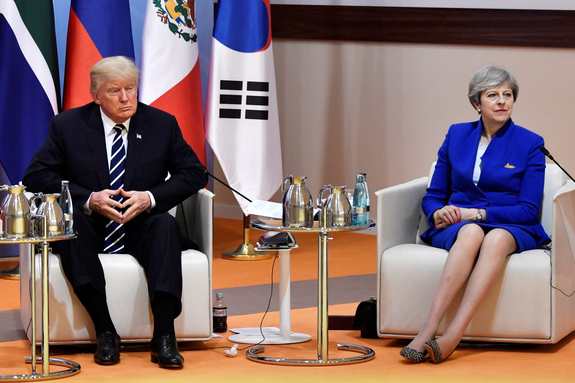 <p>U.S. President Donald Trump and Britain’s Prime Minister Theresa May meet at the G20 summit in Hamburg, Germany, July 7, 2017.</p>
