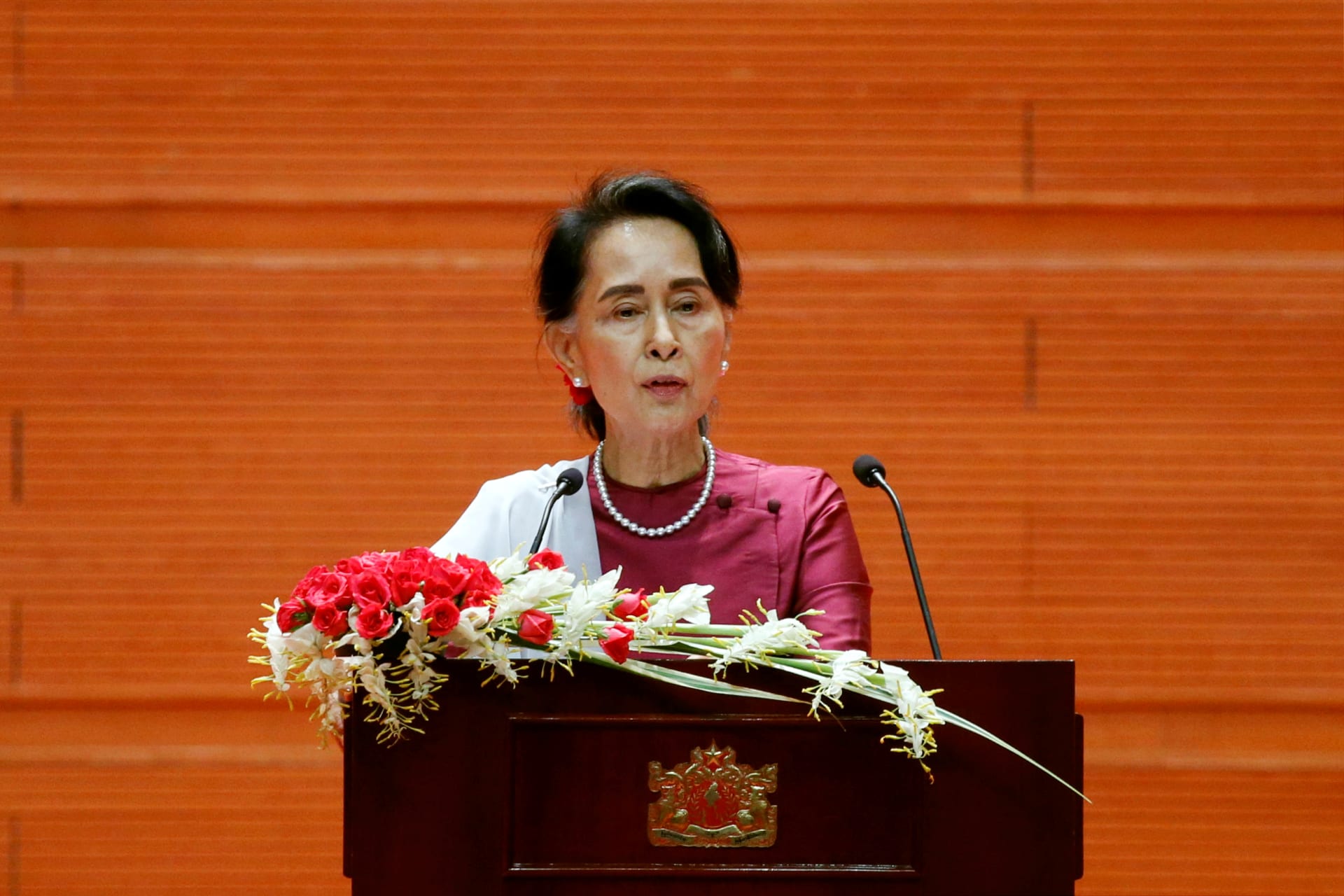 <p>Myanmar State Counselor Aung San Suu Kyi delivers a speech to the nation on Rakhine and the Rohingya situation, in Naypyitaw, Myanmar on September 19, 2017. </p>
